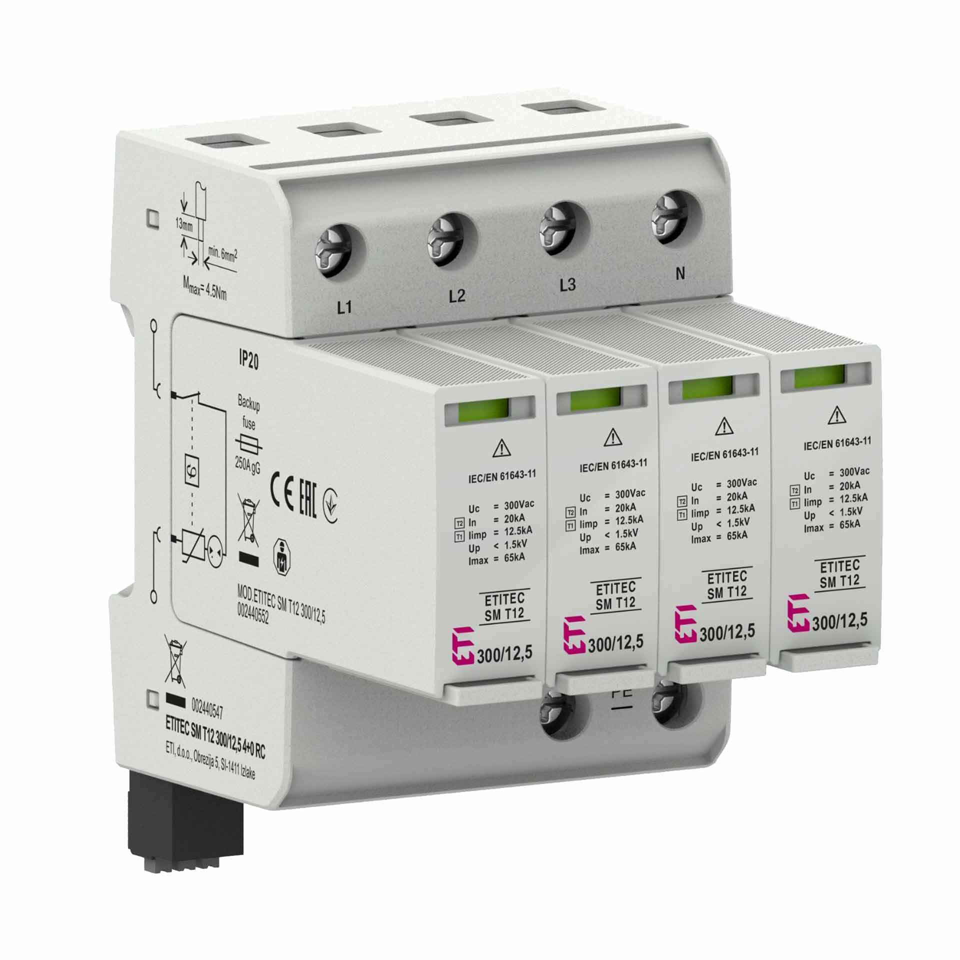 Scaricatore di sovratensione tipo 1+2, ETITEC SM B T12 300/12,5 3+1 RC senza corrente di dispersione, (TN-S & TT)