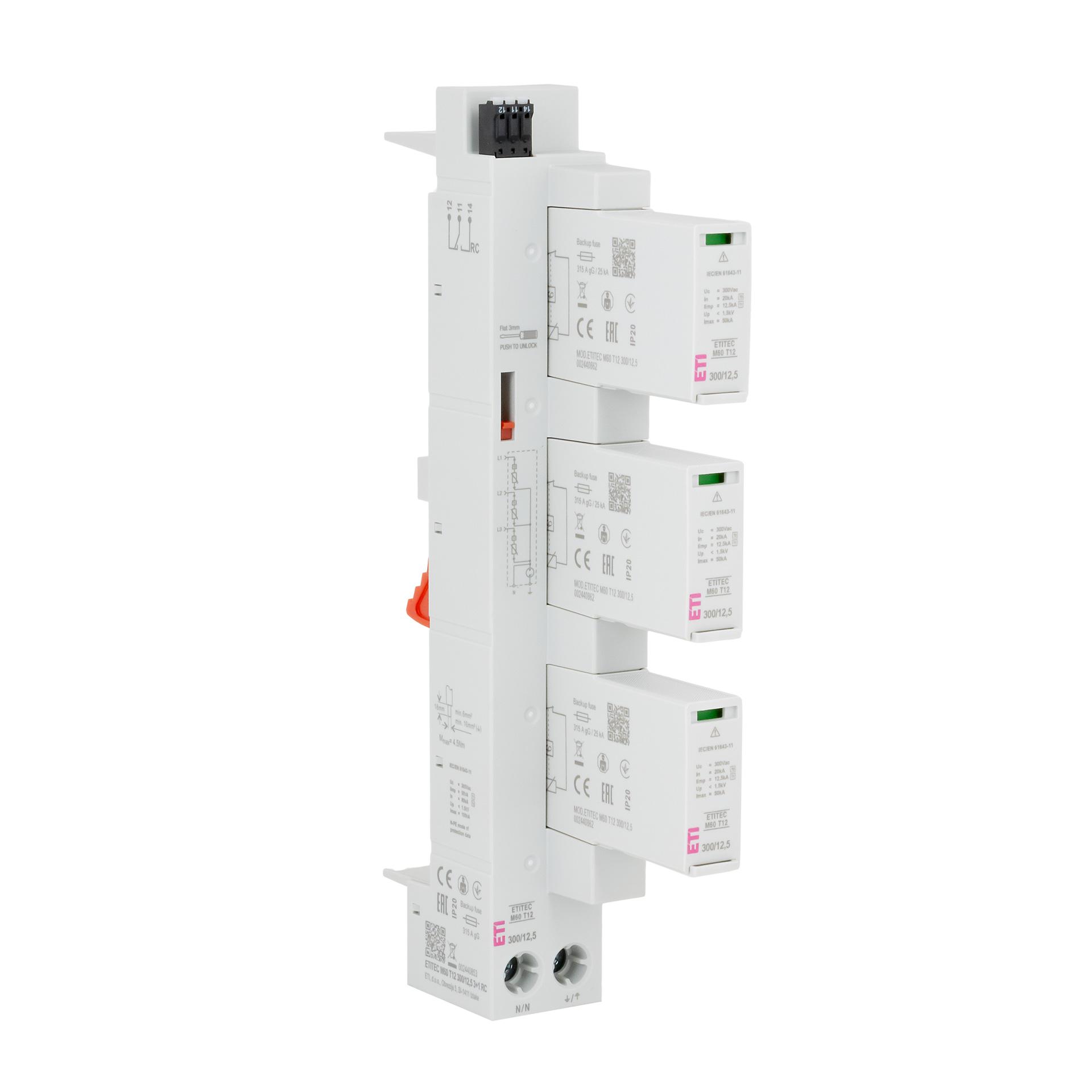 Scaricatore di sovratensione tipo 1+2, ETITEC M60 T12 300/12,5 3+1 RC, sistema da 60 mm Scaricatore di sovratensione tipo 1+2, ETITEC M60 T12 300/12,5 3+1 RC, sistema da 60 mm