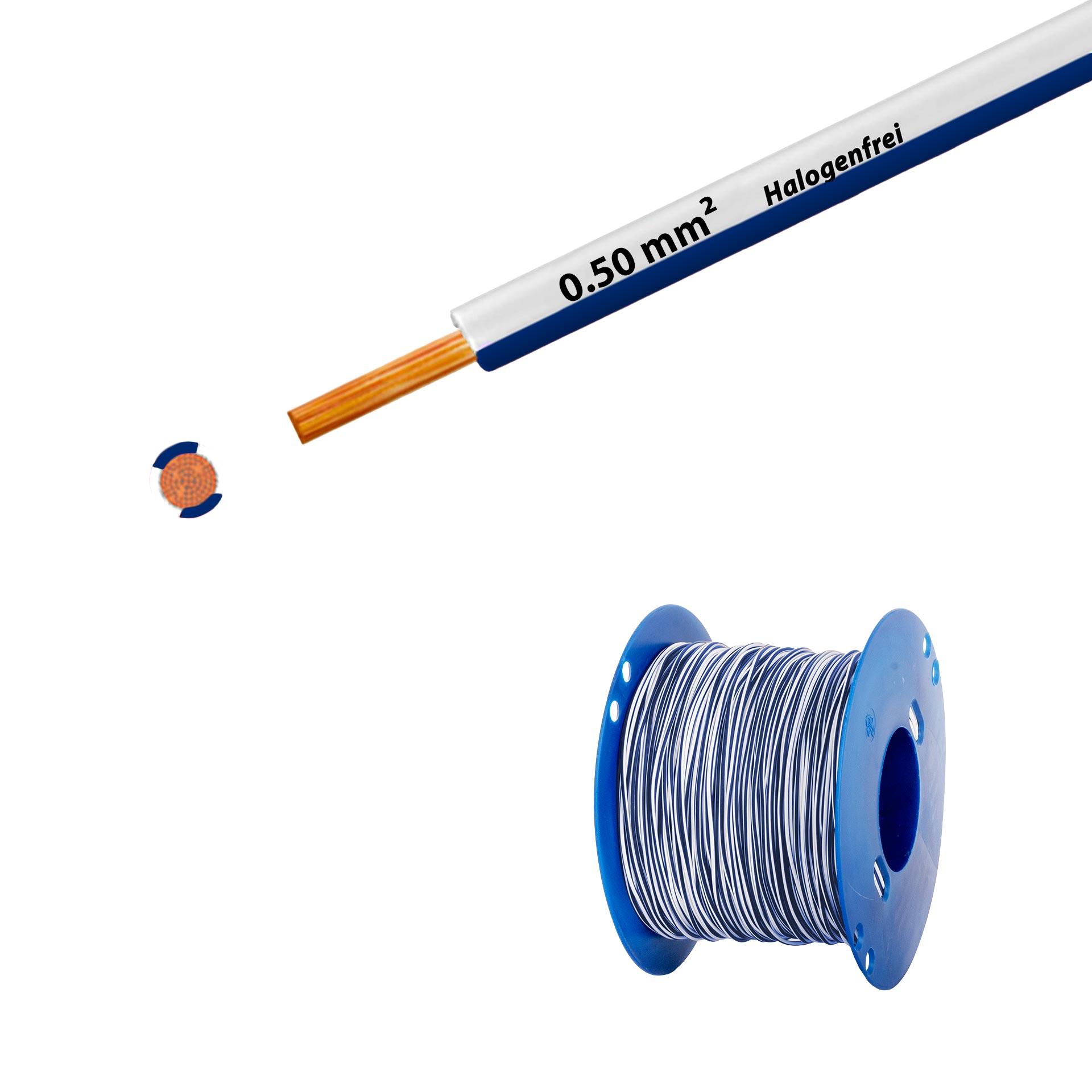 Cavo a trefoli senza alogeni 90° C, 500 V, 0,50 mm2, bianco-blu scuro (RAL 9010/5010), su bobina di plastica Cavo a trefoli senza alogeni 90° C, 500 V, 0,50 mm2, bianco-blu scuro (RAL 9010/5010), su bobina di plastica