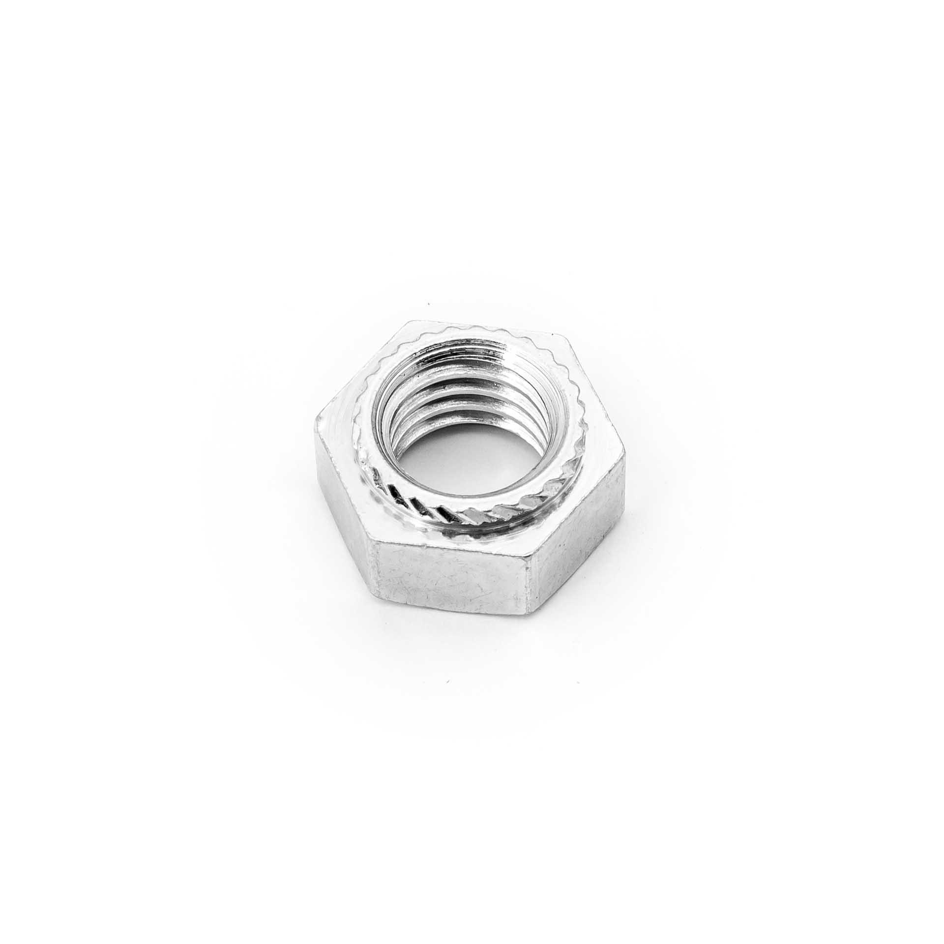 Écrous hexagonaux à sertir M10, alésage Ø 12.5mm, acier cémenté trempé, zingué-bleu Écrous hexagonaux à sertir M10, alésage Ø 12.5mm, acier cémenté trempé, zingué-bleu