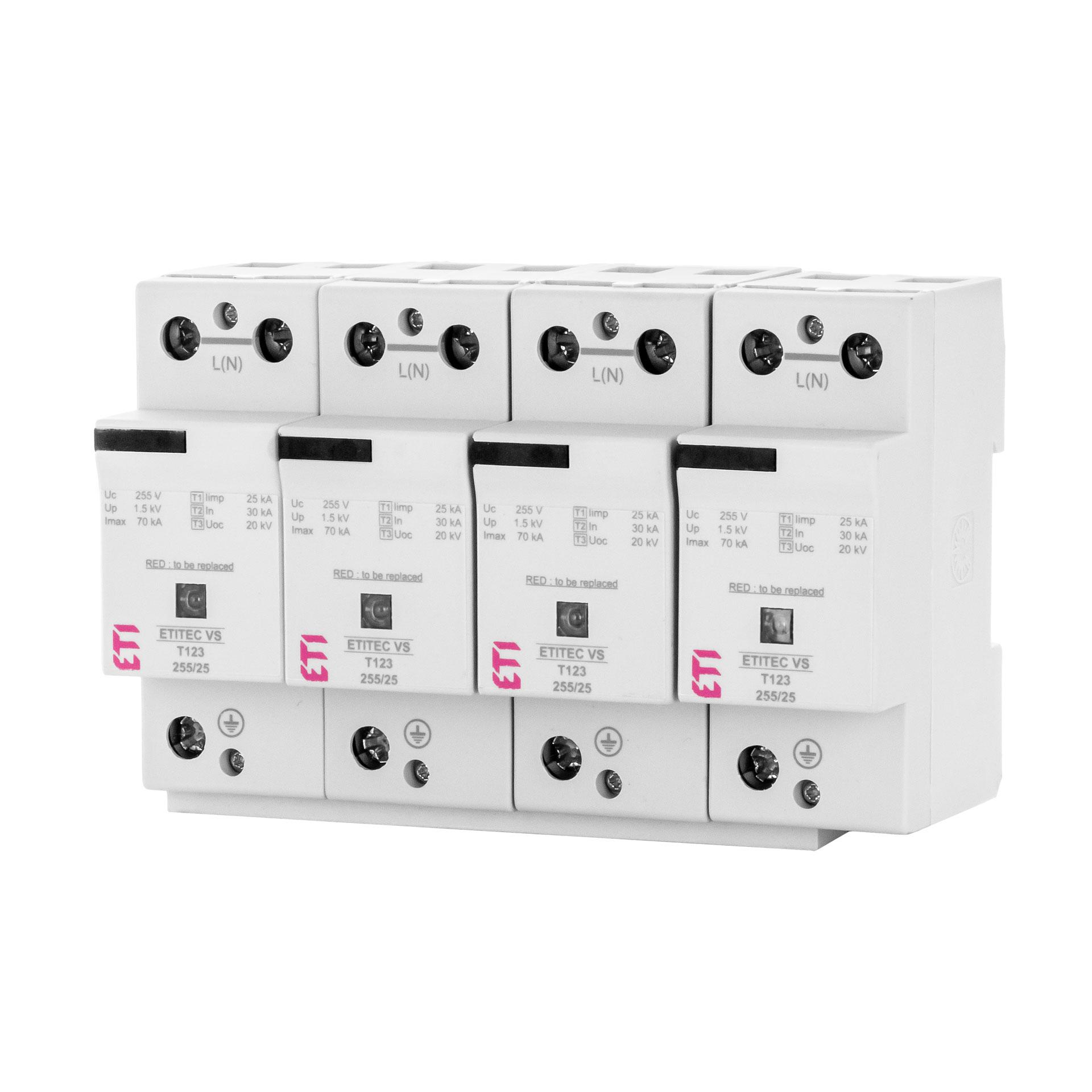 Parafoudre type 1+2+3, ETITEC VS T123 255/25 4+0 RC sans courant de fuite (TN-S) Parafoudre type 1+2+3, ETITEC VS T123 255/25 4+0 RC sans courant de fuite (TN-S)