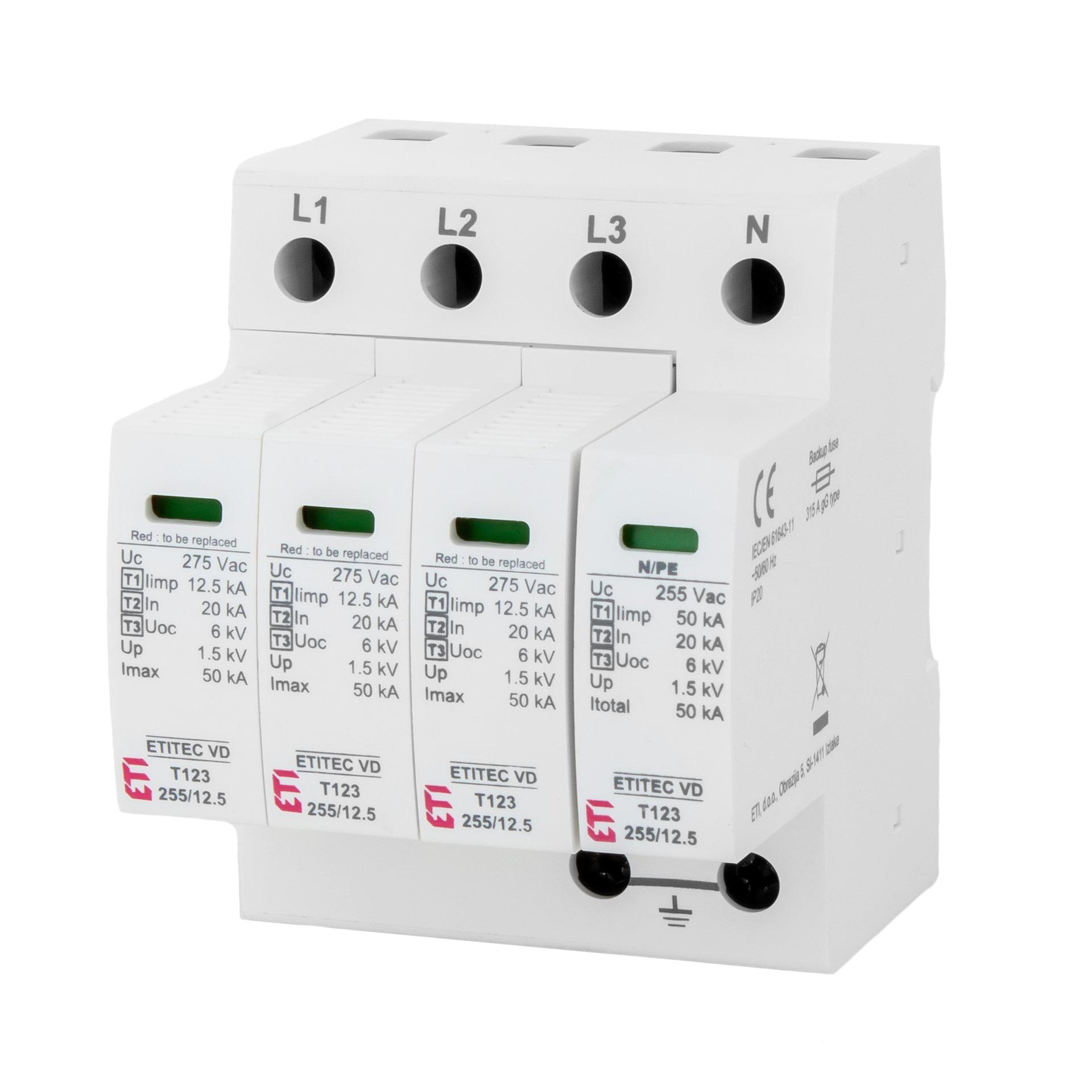 Scaricatore di sovratensione tipo 1+2+3, ETITEC VD T123 255/12,5 3+1 RC senza corrente di dispersione, (TN-S & TT)