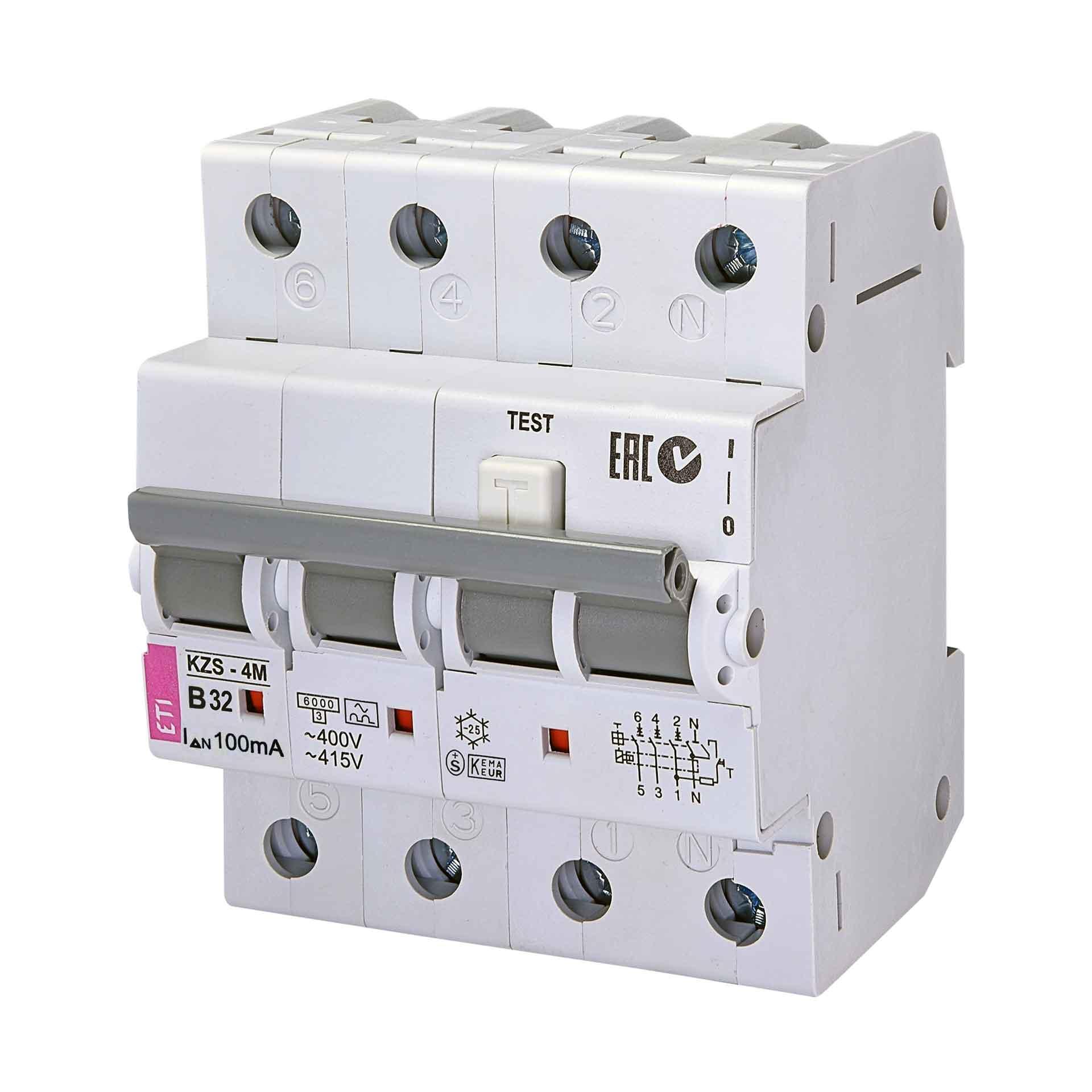 FI/LS, KZS-4M, tipo A, 3 poli+N, caratteristica B / 32A, 6kA (0,1A)