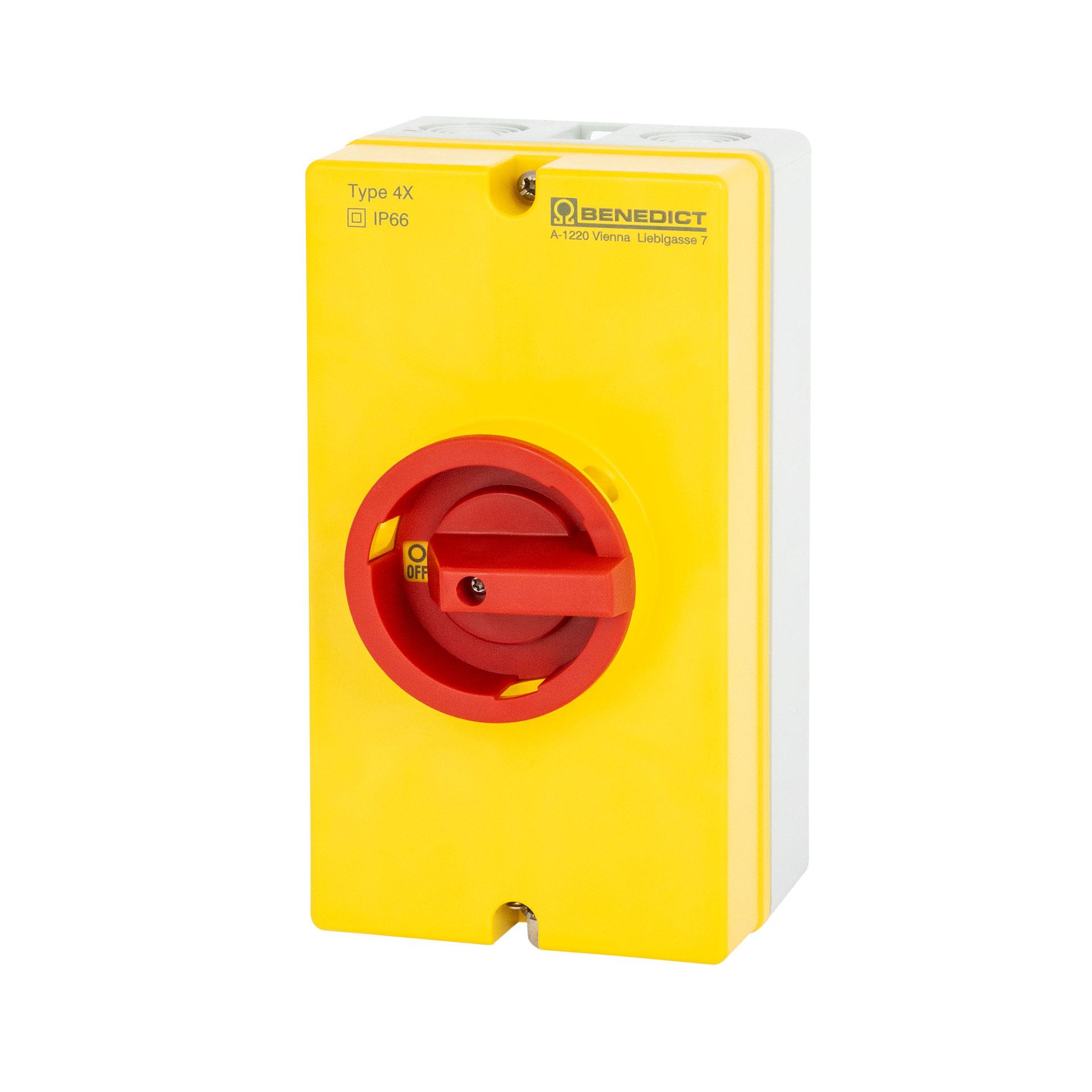 Interruttore principale a superficie ARRESTO DI EMERGENZA 4 poli 32A, custodia grande, 12,5 kW Interruttore principale a superficie ARRESTO DI EMERGENZA 4 poli 32A, custodia grande, 12,5 kW