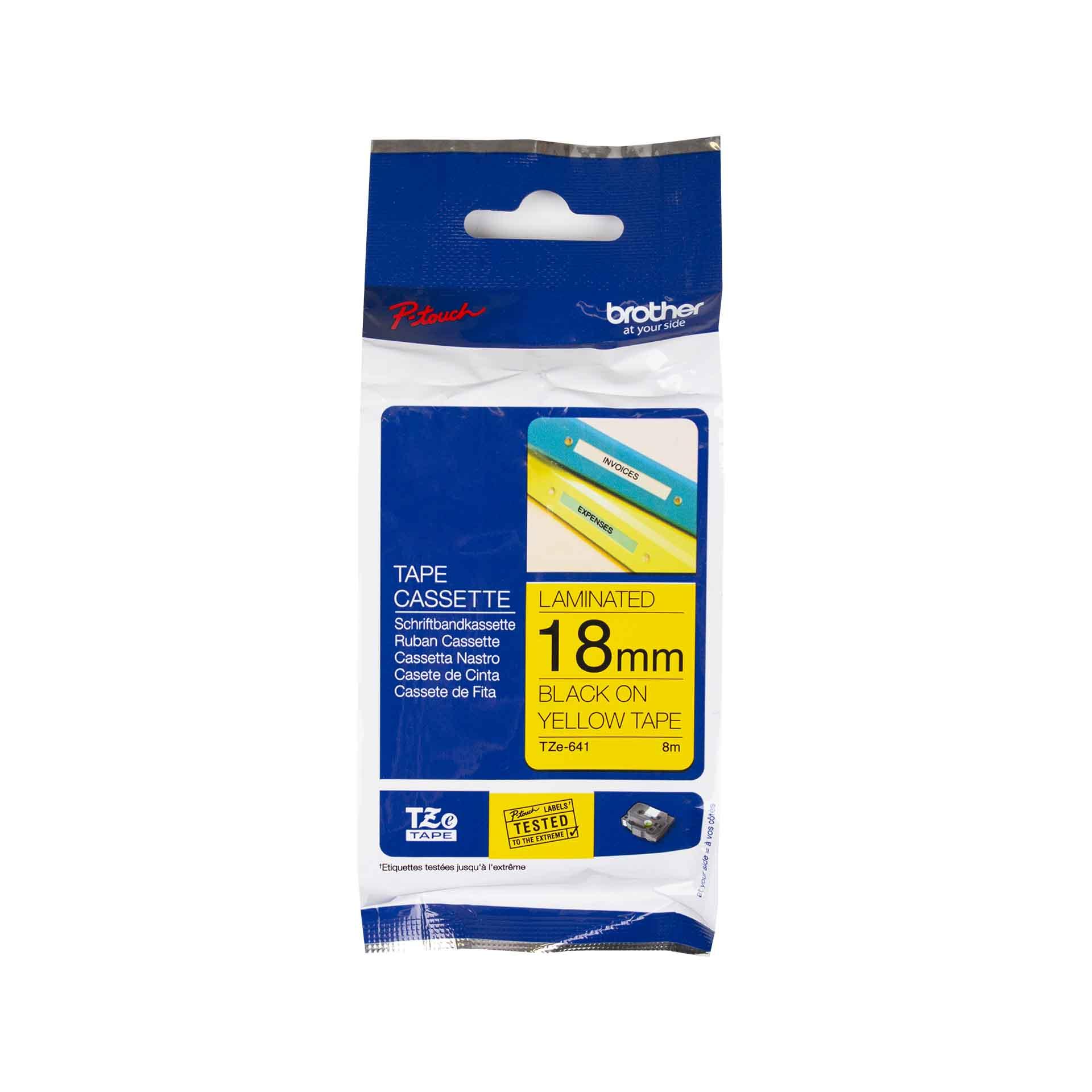 Cassette à ruban pour étiqueteuse Brother, 18mm x 8m, P-Touch TZE-641, jaune / police noir