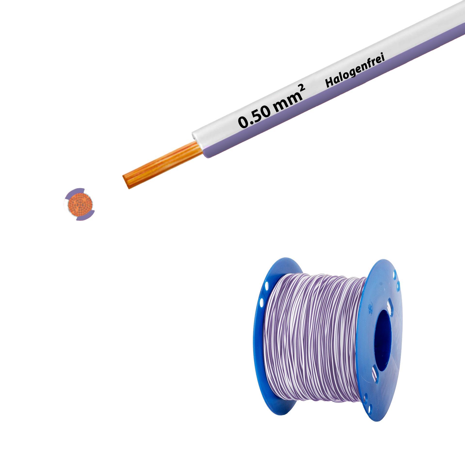 Cavo a trefoli senza alogeni 90° C, 500V, 0,50 mm2, bianco-violetto (RAL 9010/4005), su bobina di plastica