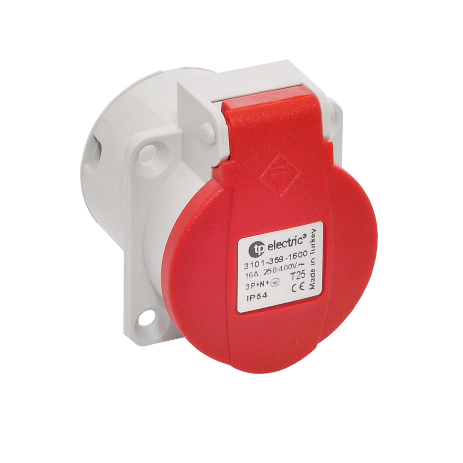 Presa di corrente incorporata T25 16A 5P, 3PNE 400/230V, contatti nichelati, collegamento a vite Presa di corrente incorporata T25 16A 5P, 3PNE 400/230V, contatti nichelati, collegamento a vite