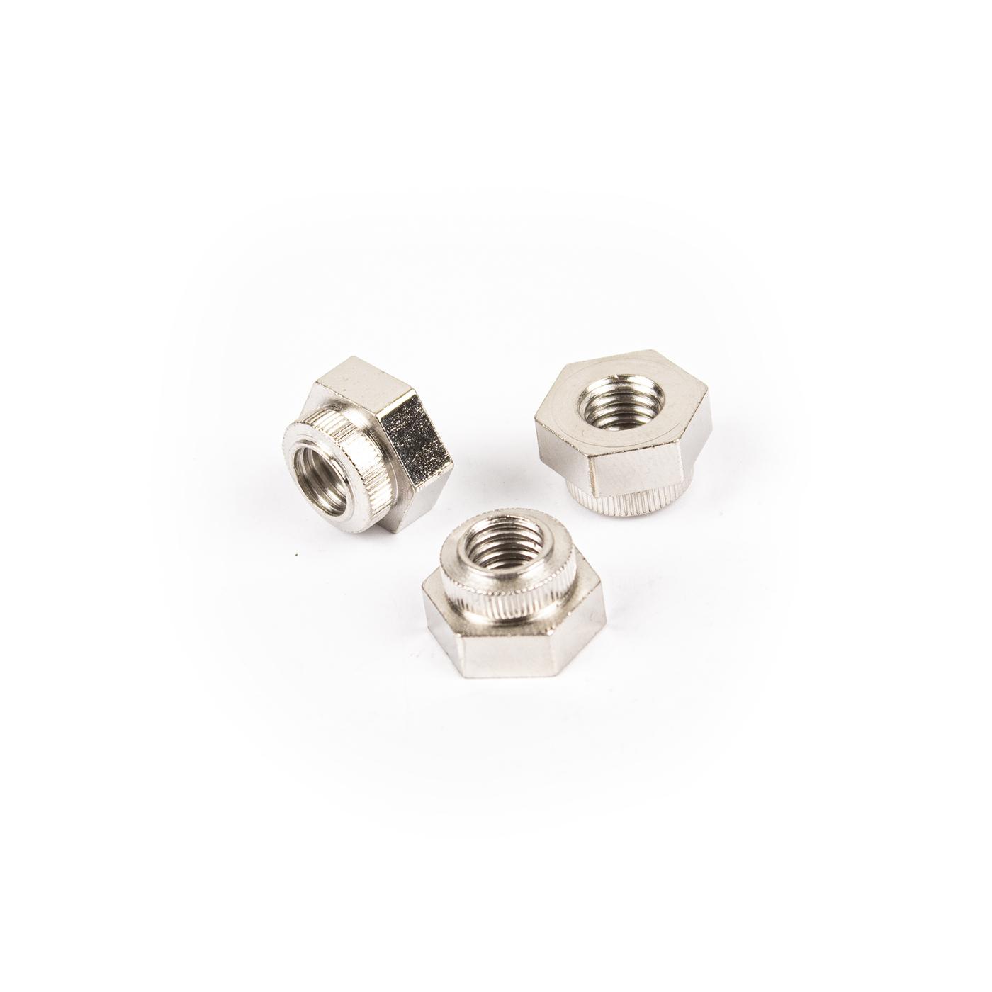 Écrous hexagonaux à sertir avec longue collerette M8, alésage Ø 12.5mm, acier cémenté trempé,nickelé Écrous hexagonaux à sertir avec longue collerette M8, alésage Ø 12.5mm, acier cémenté trempé,nickelé