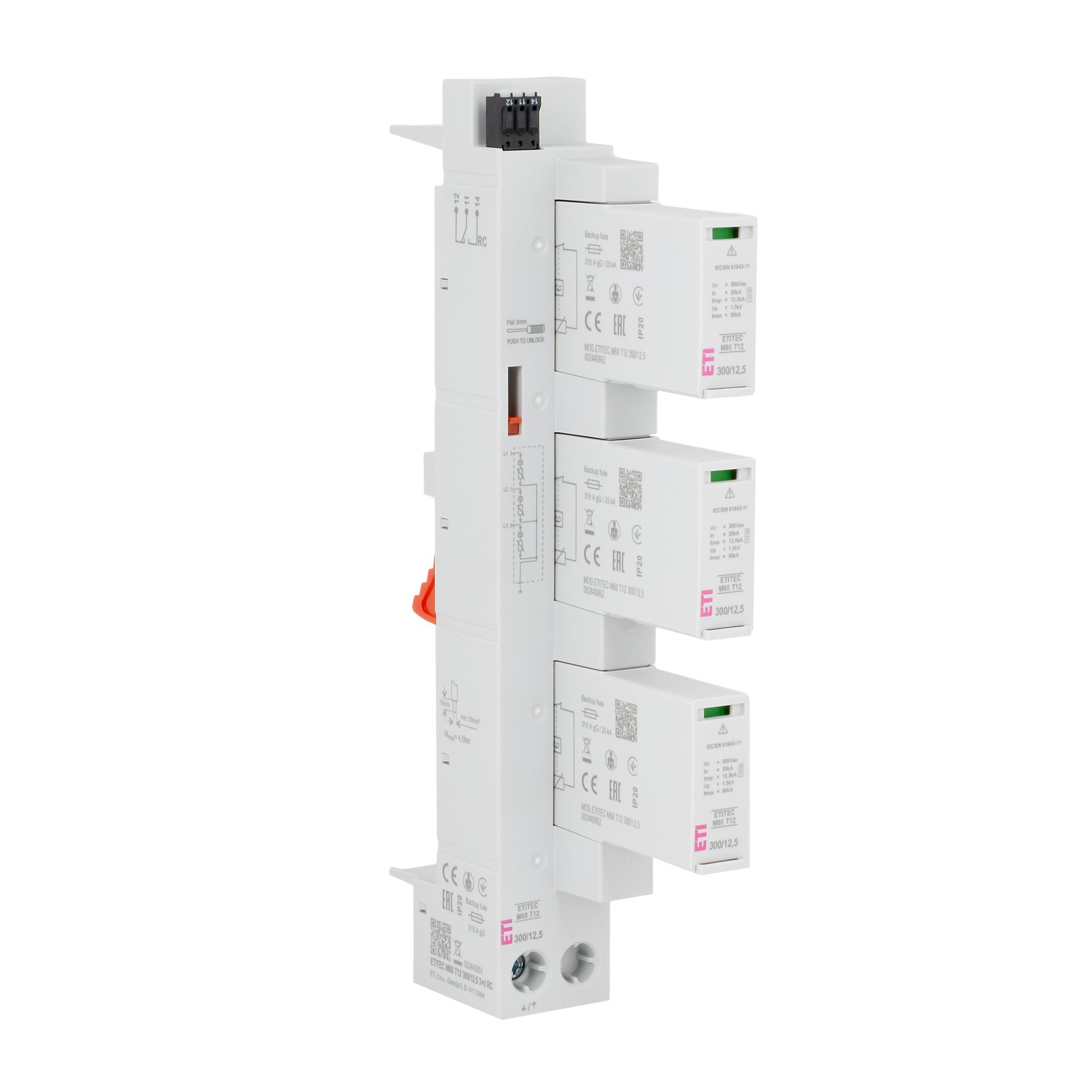 Scaricatore di sovratensione tipo 1+2, ETITEC M60 T12 300/12,5 3+0 RC, sistema da 60 mm Scaricatore di sovratensione tipo 1+2, ETITEC M60 T12 300/12,5 3+0 RC, sistema da 60 mm