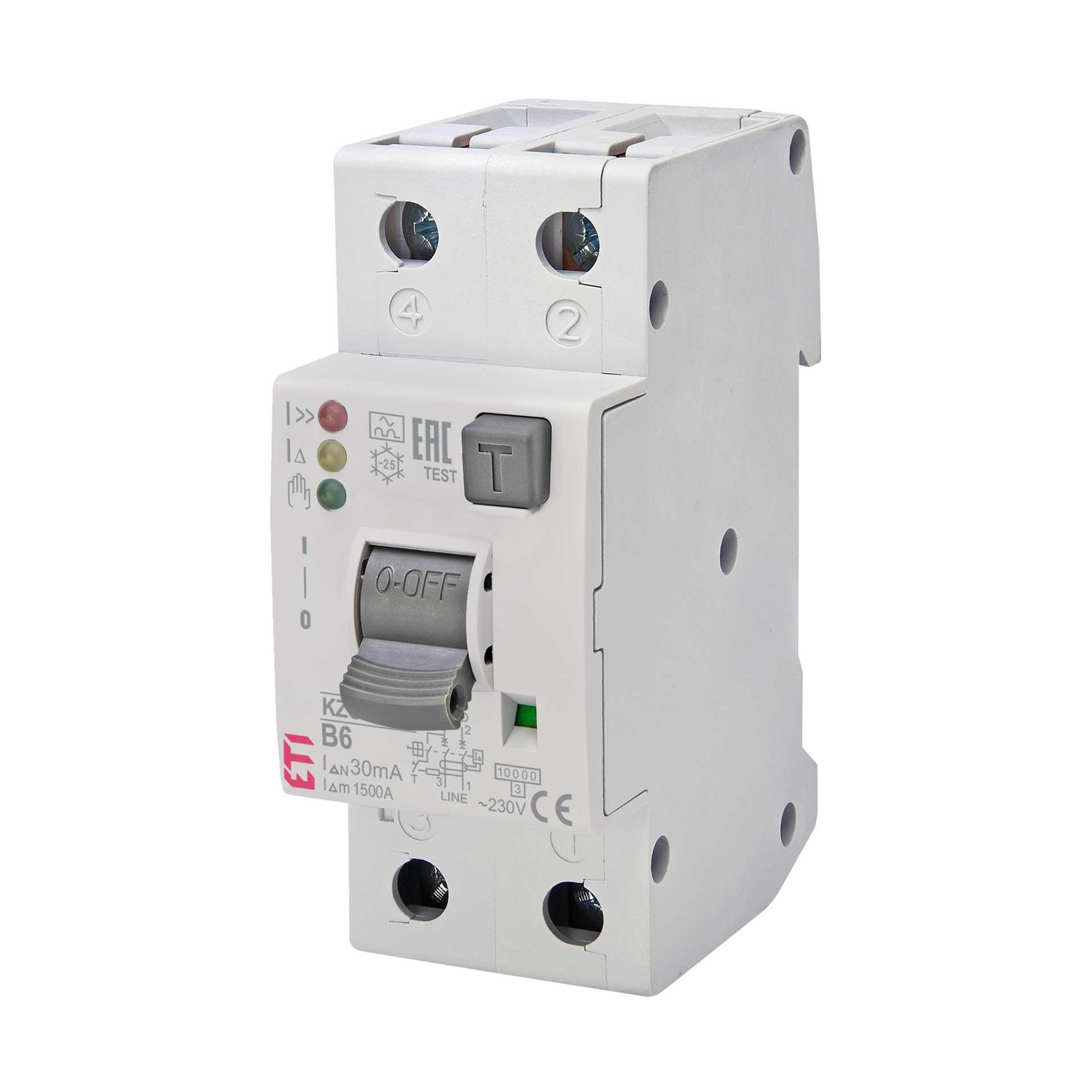 Disjoncteur différentiel (FI-LS) avec signal LED, KZS-2M, type A, 2 pôles EDI, caractéristique B / 6