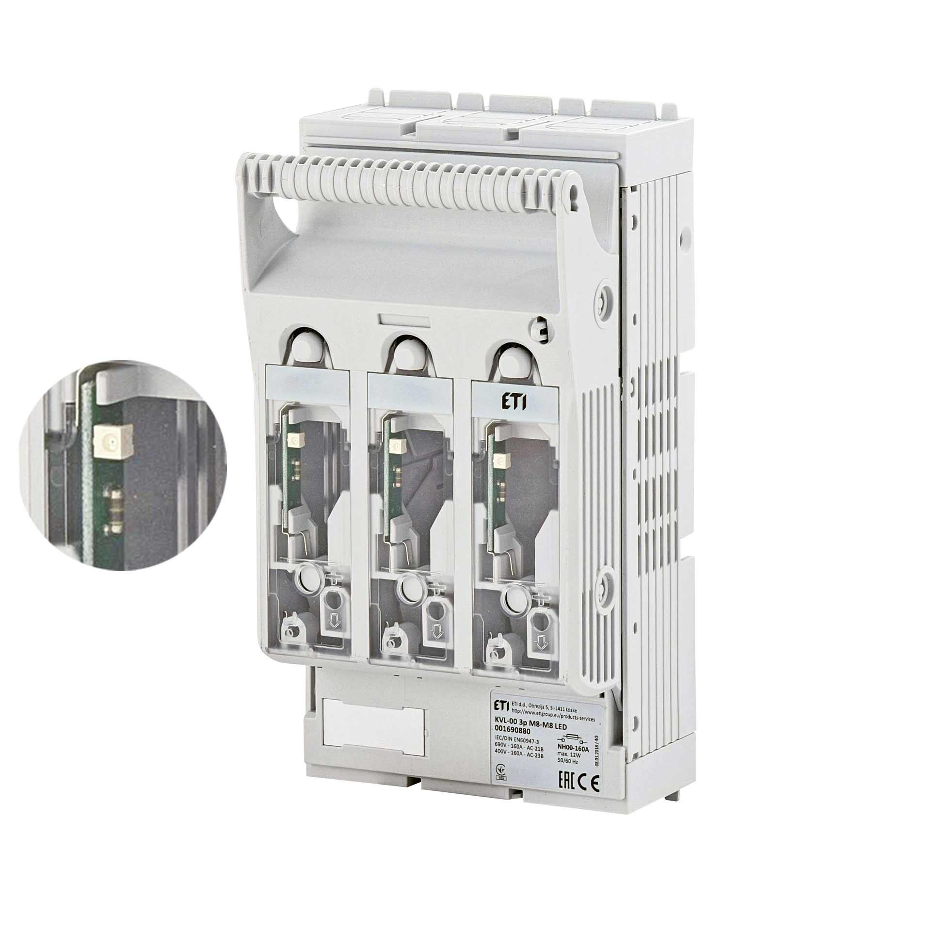 NH-Sicherungslasttrennschalter Gr.00, 3P, Max. 160A, KVL-00 M8-M8 LED (Aufbaumontage) NH-Sicherungslasttrennschalter Gr.00, 3P, Max. 160A, KVL-00 M8-M8 LED (Aufbaumontage)