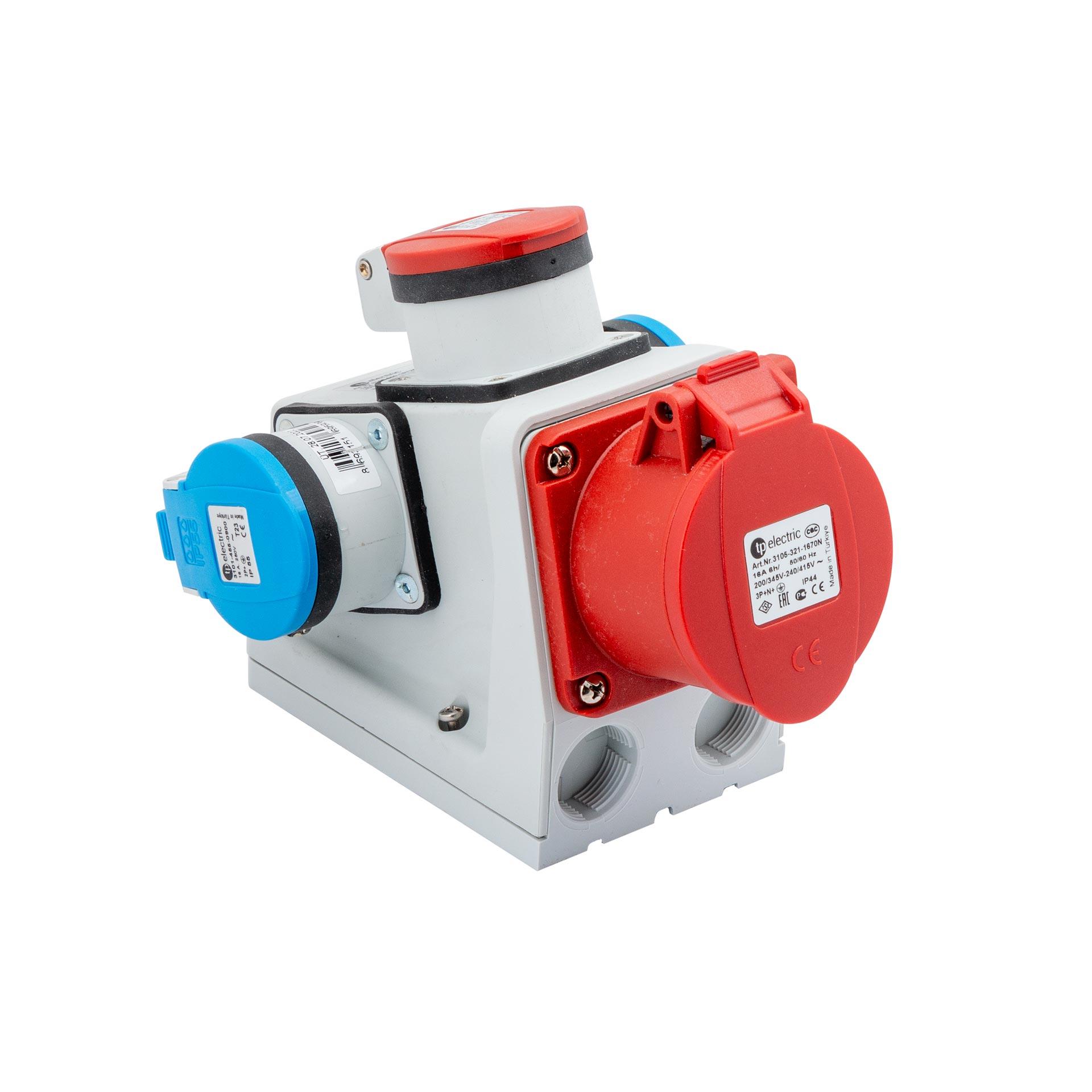 Prise AP CEE 16A 5P 6h (IP44), 3PNE 400/230V avec T25 et 2x T23 (IP55), contacts nickelés Prise AP CEE 16A 5P 6h (IP44), 3PNE 400/230V avec T25 et 2x T23 (IP55), contacts nickelés