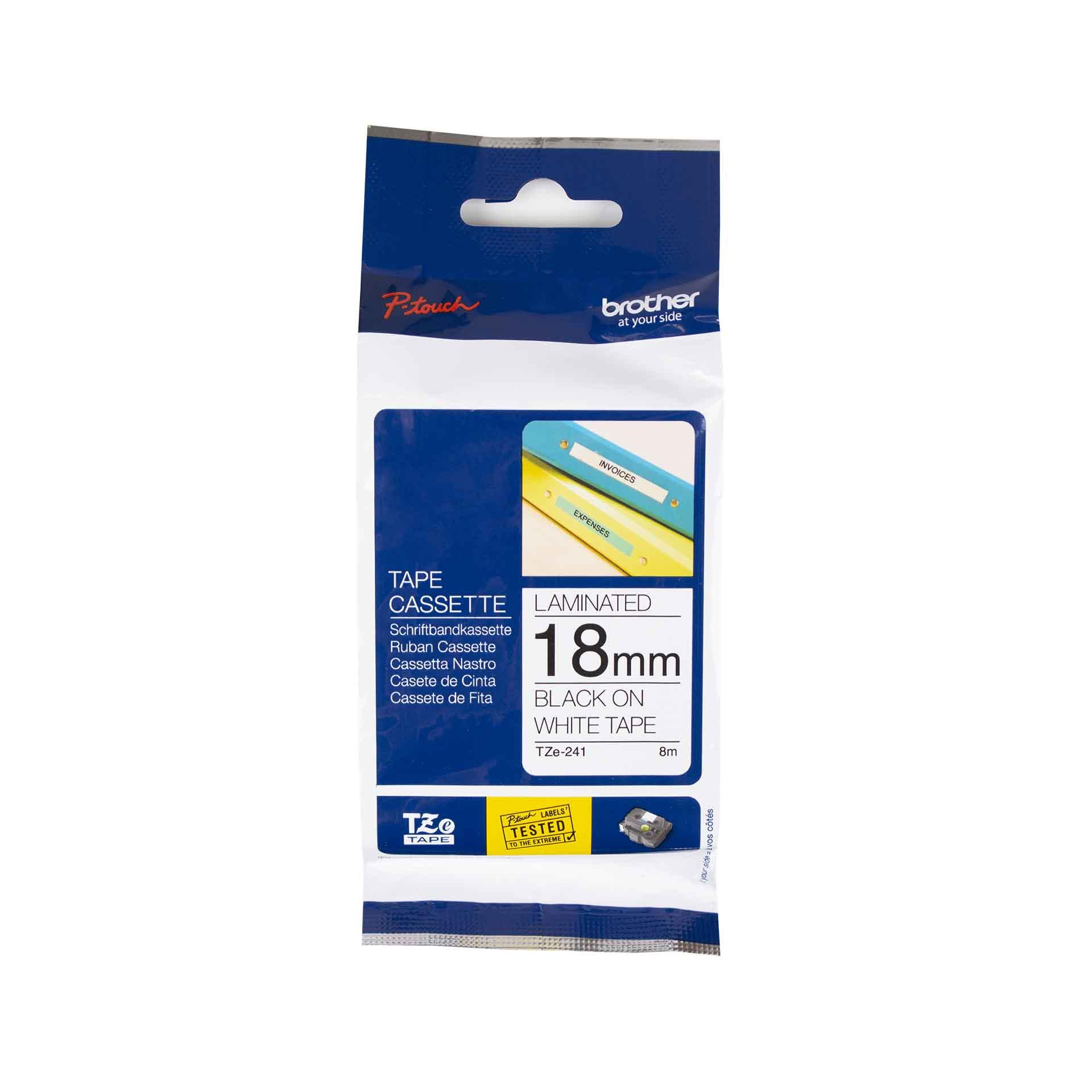Cassette à ruban pour étiqueteuse Brother, 18mm x 8m, P-Touch TZE-241, blanc / police noir