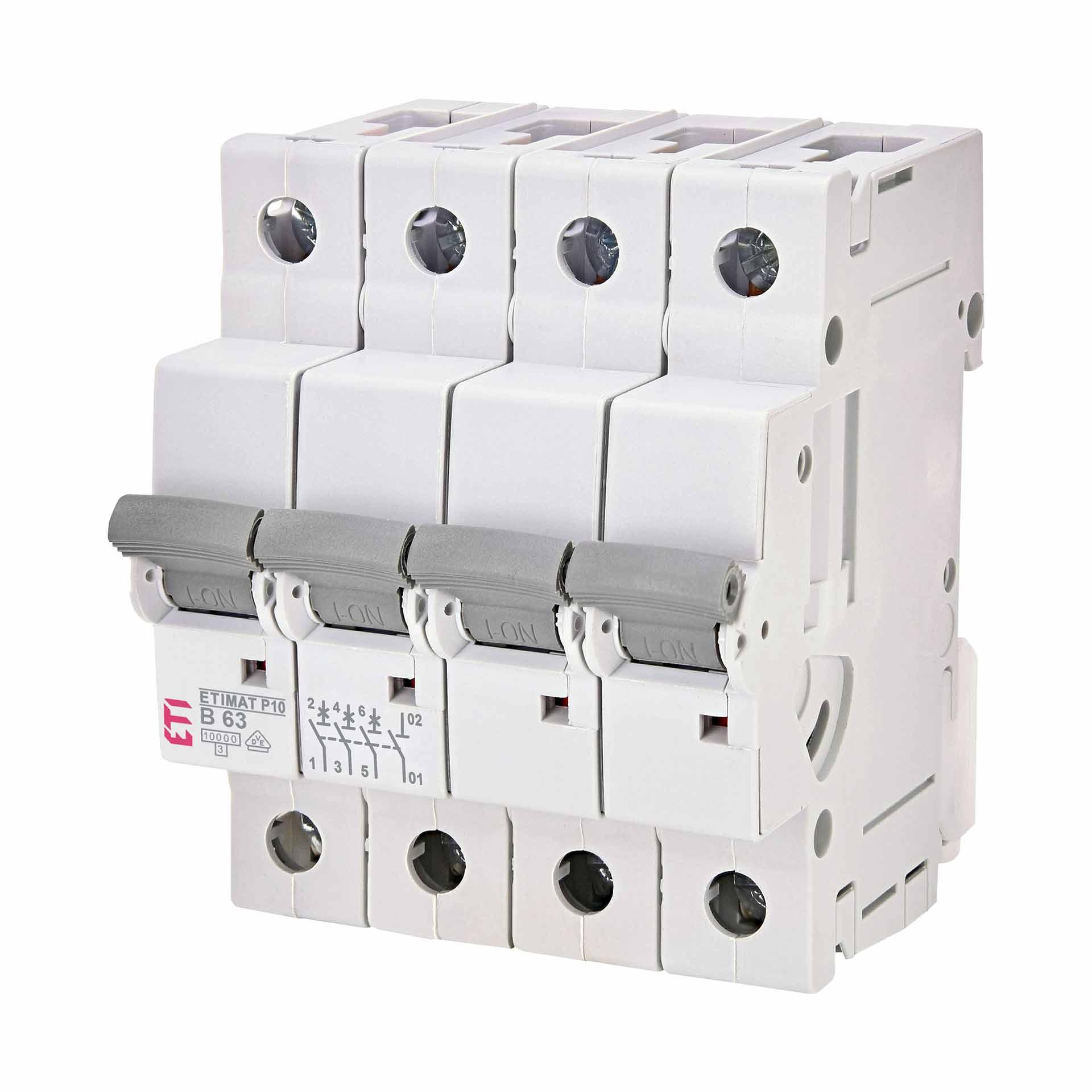 Disjoncteur, ETIMAT P10, 3 pôles+N, caractéristique B / 63A, 10kA Disjoncteur, ETIMAT P10, 3 pôles+N, caractéristique B / 63A, 10kA