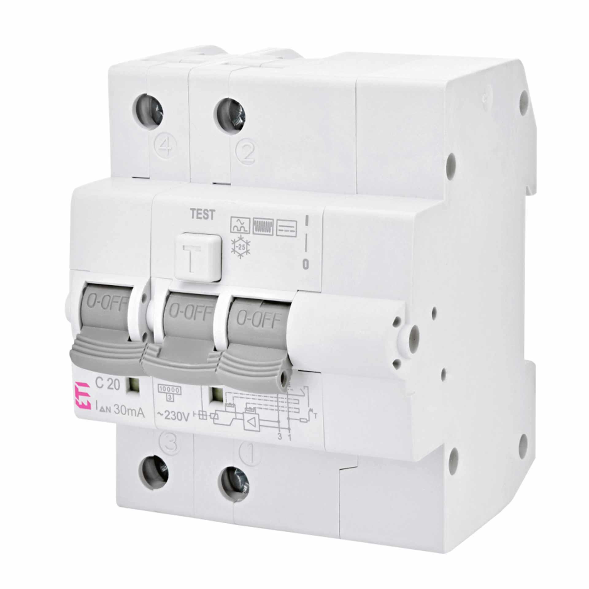 Disjoncteur différentiel (FI-LS),  KZS-4M, type B, 2 pôles, caractéristique C / 20A, 10kA (0.03A)