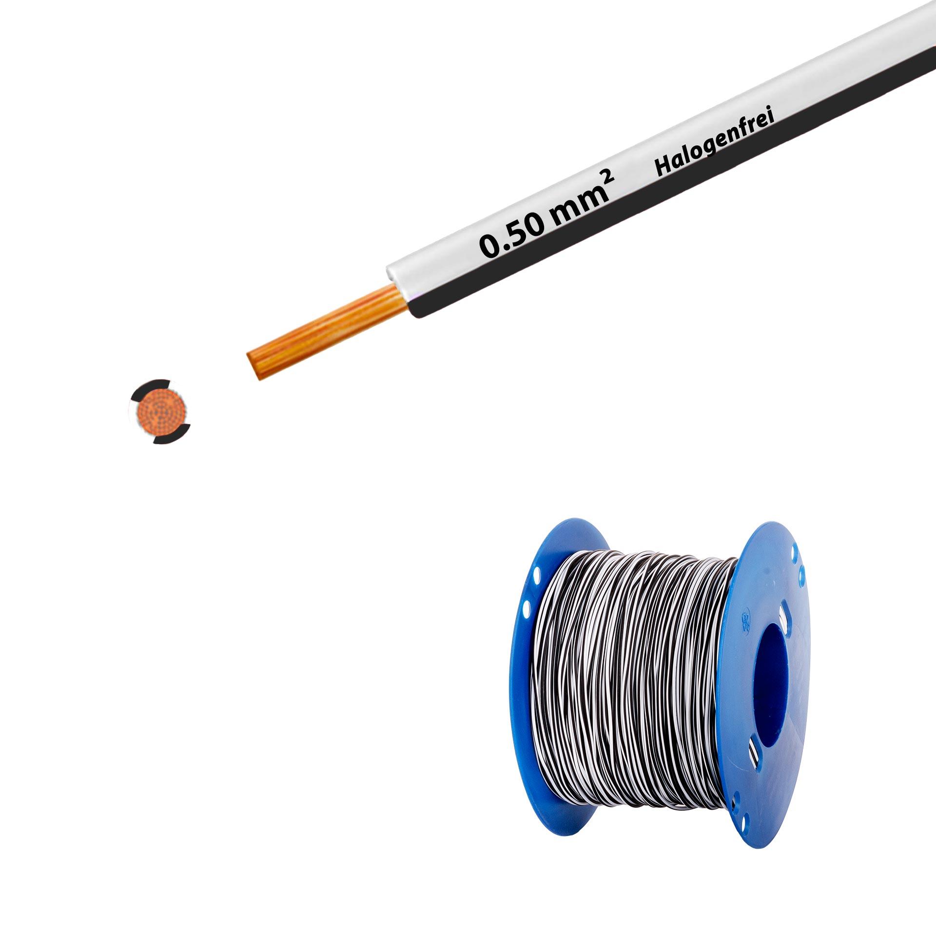 Cavo a trefoli senza alogeni 90° C, 500V, 0,50 mm2, bianco-nero (RAL 9010/9005), su bobina di plastica Cavo a trefoli senza alogeni 90° C, 500V, 0,50 mm2, bianco-nero (RAL 9010/9005), su bobina di plastica