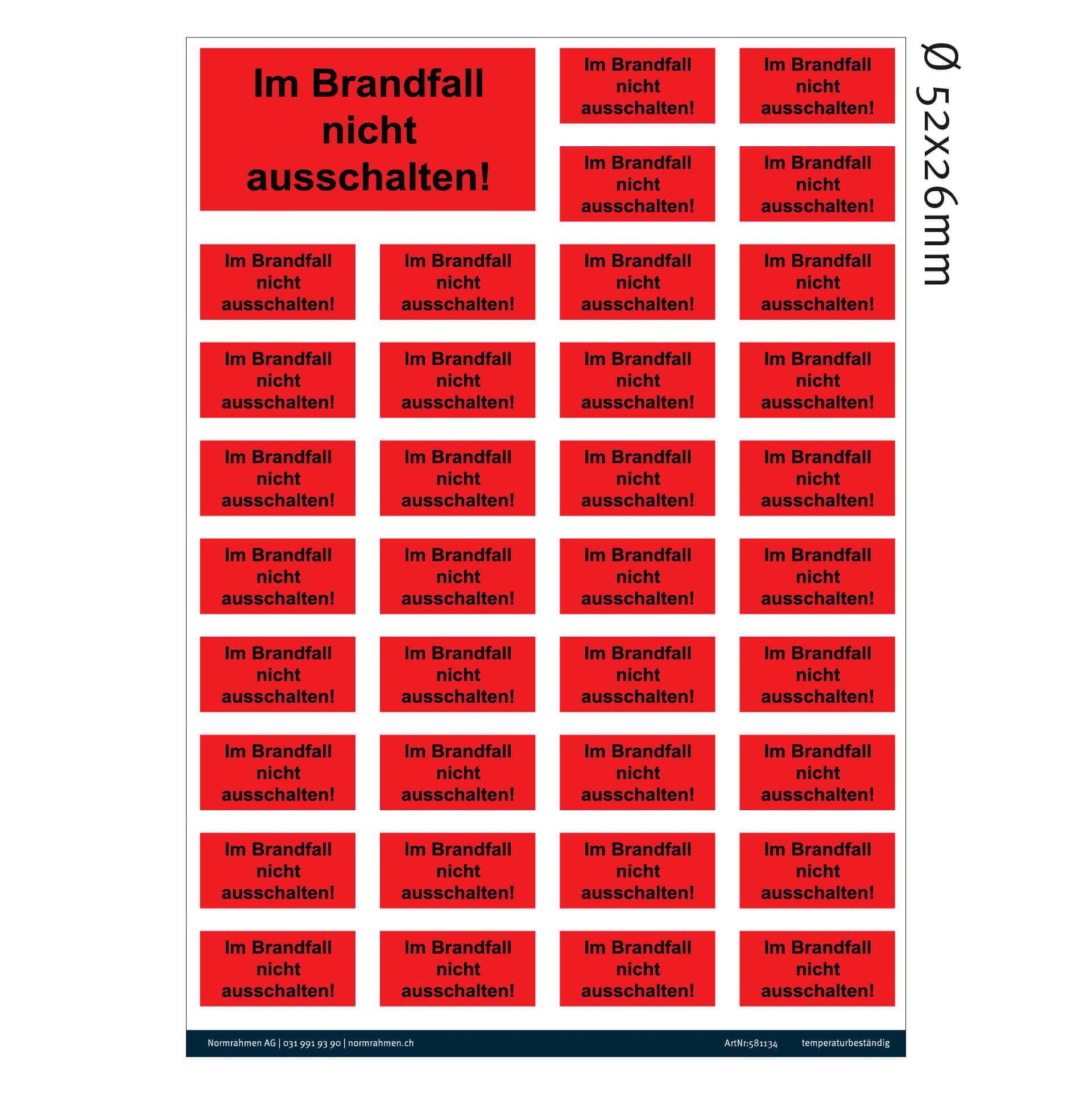 Sticker Do not switch off in case of fire! red 50x25, PU 40 pcs. A4 sheet Sticker Do not switch off in case of fire! red 50x25, PU 40 pcs. A4 sheet