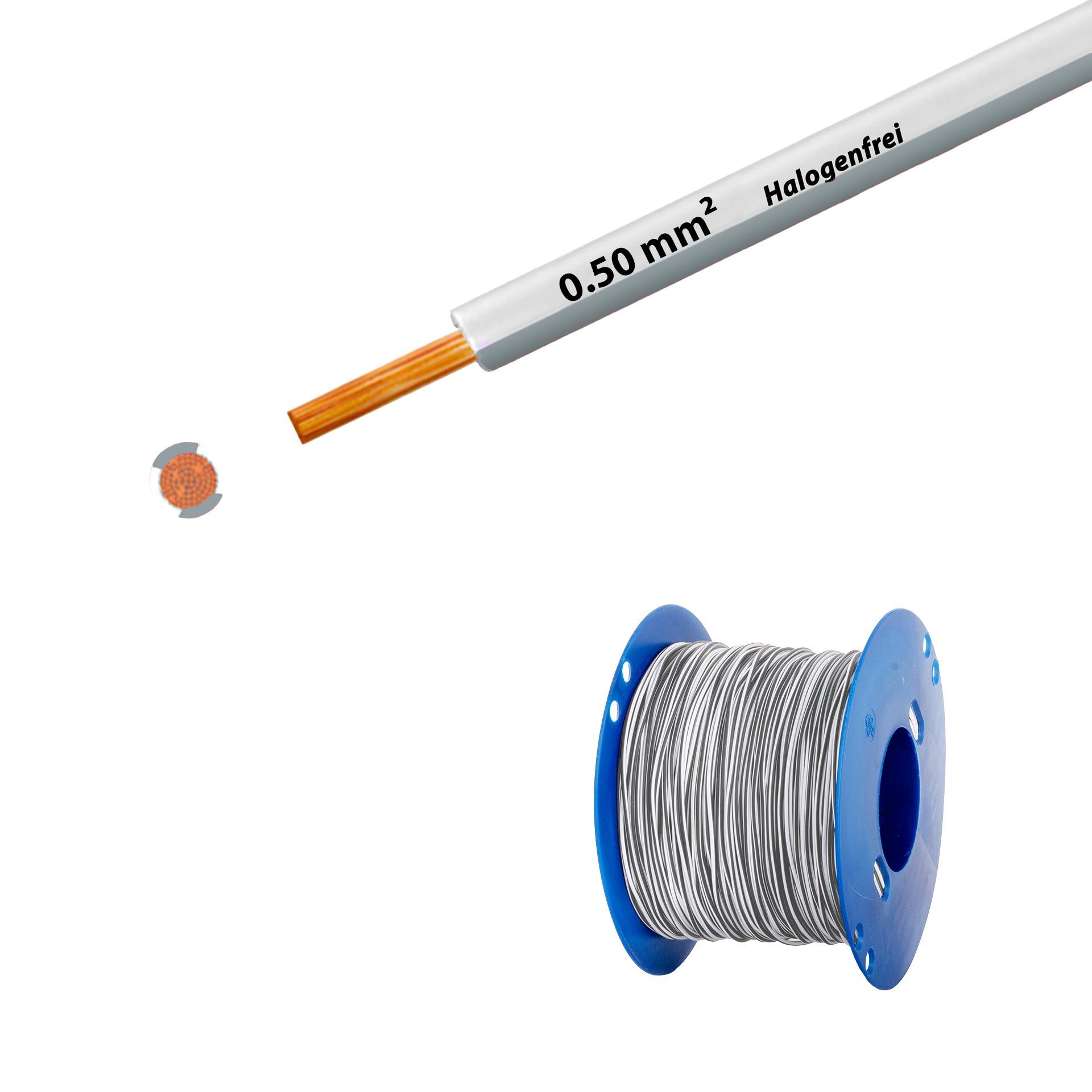 Cavo a trefoli senza alogeni 90° C, 500 V, 0,50 mm2, bianco-grigio (RAL 9010/7001), su bobina di plastica Cavo a trefoli senza alogeni 90° C, 500 V, 0,50 mm2, bianco-grigio (RAL 9010/7001), su bobina di plastica