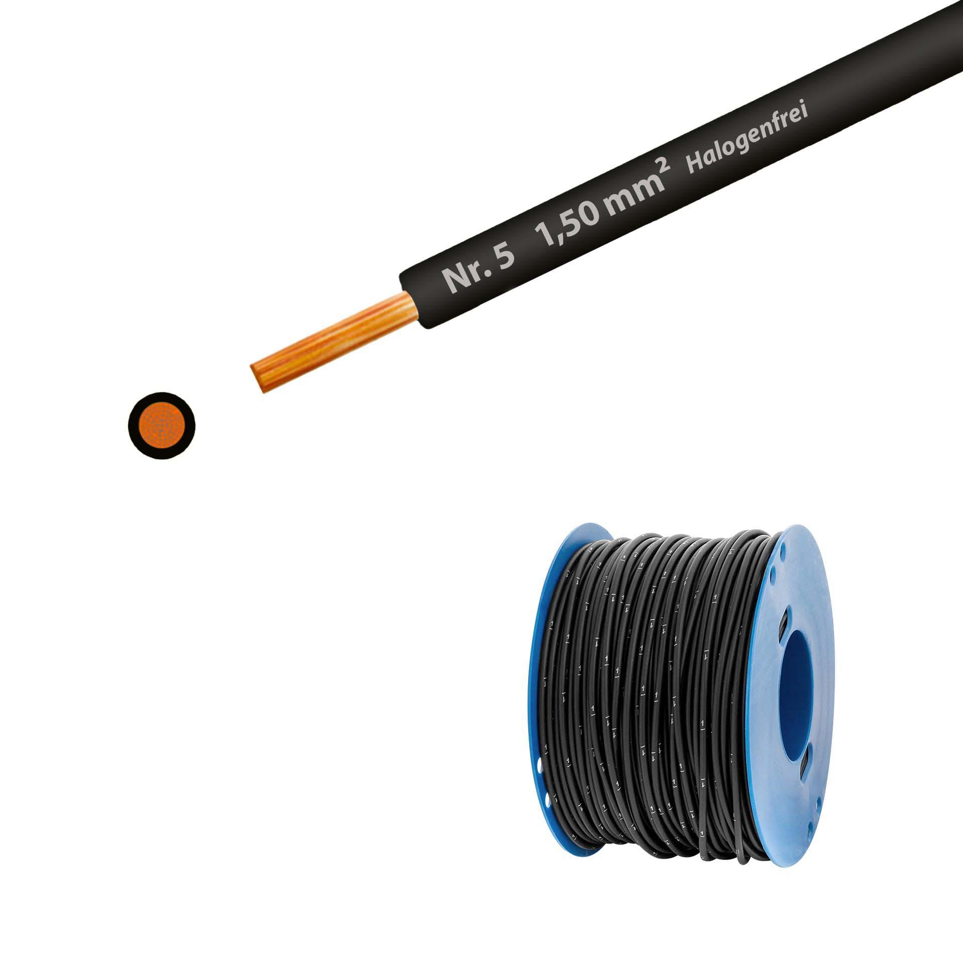 Halogen-free stranded wire 90° C, 750V, 1.50mm2, black no. 5 (RAL 9005), on plastic reel