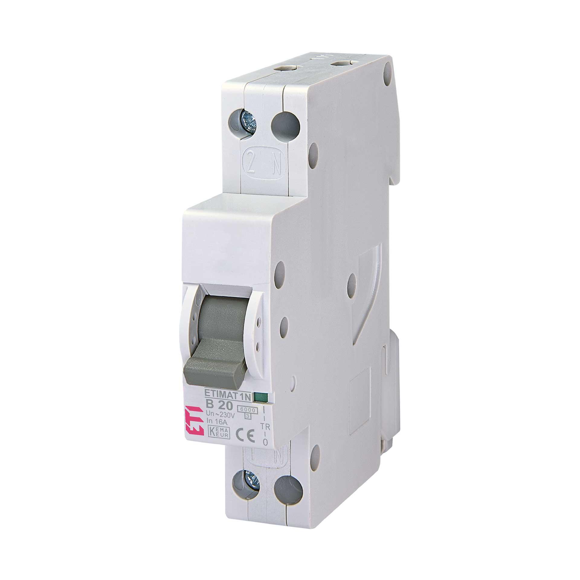 Interruttore automatico ETIMAT 1N, 1 polo+N (1 modulo), caratteristica B / 20A, 6kA Interruttore automatico ETIMAT 1N, 1 polo+N (1 modulo), caratteristica B / 20A, 6kA