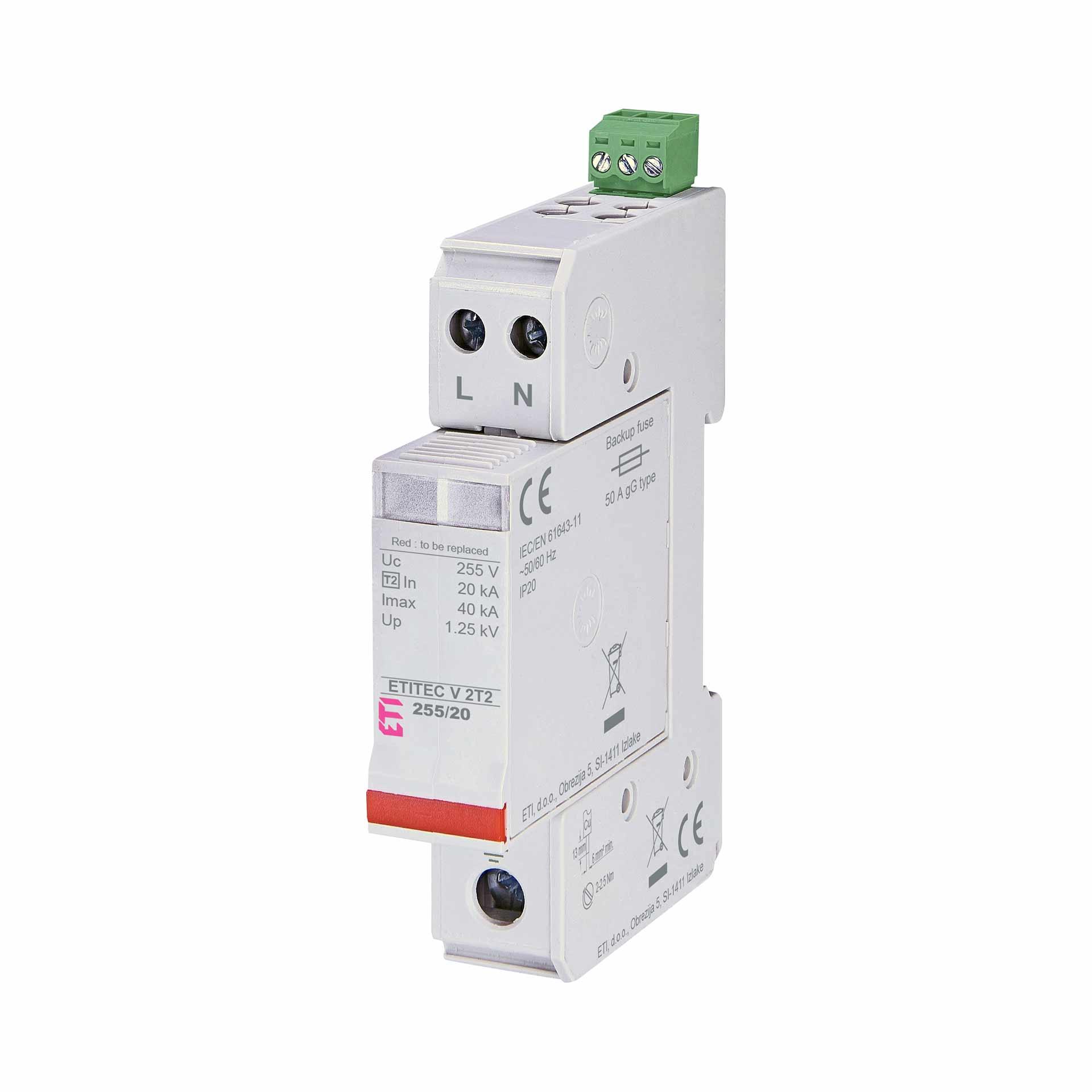 Scaricatore di sovratensione tipo 2, ETITEC V C 2T2 255/20 2+0 RC, 2 poli in 1 TE, (TN-S) Scaricatore di sovratensione tipo 2, ETITEC V C 2T2 255/20 2+0 RC, 2 poli in 1 TE, (TN-S)