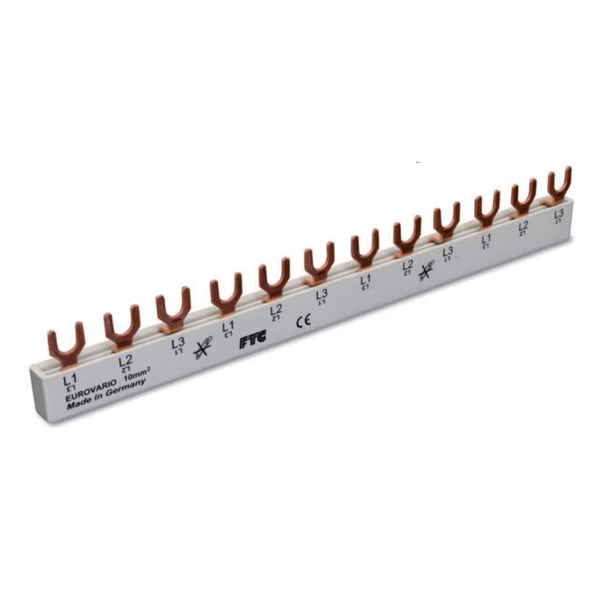 Sbarra di fase a forcella isolata 10mm2, 63A (4x3P-3MOD) P-P= 17,8 mm Sbarra di fase a forcella isolata 10mm2, 63A (4x3P-3MOD) P-P= 17,8 mm