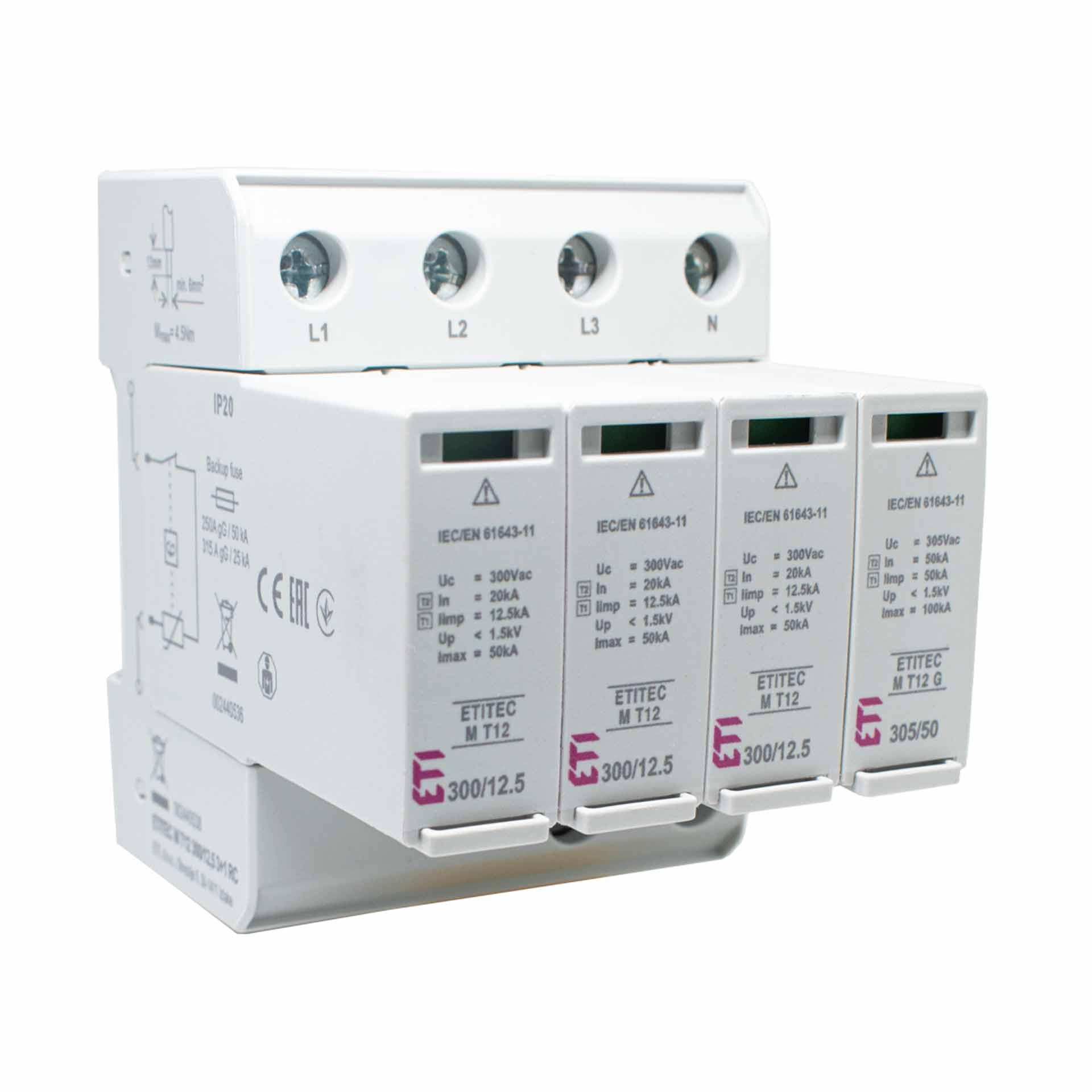 Scaricatore di sovratensione tipo 1+2, ETITEC M T12 300/12,5 3+1 RC (TT & TN-S)