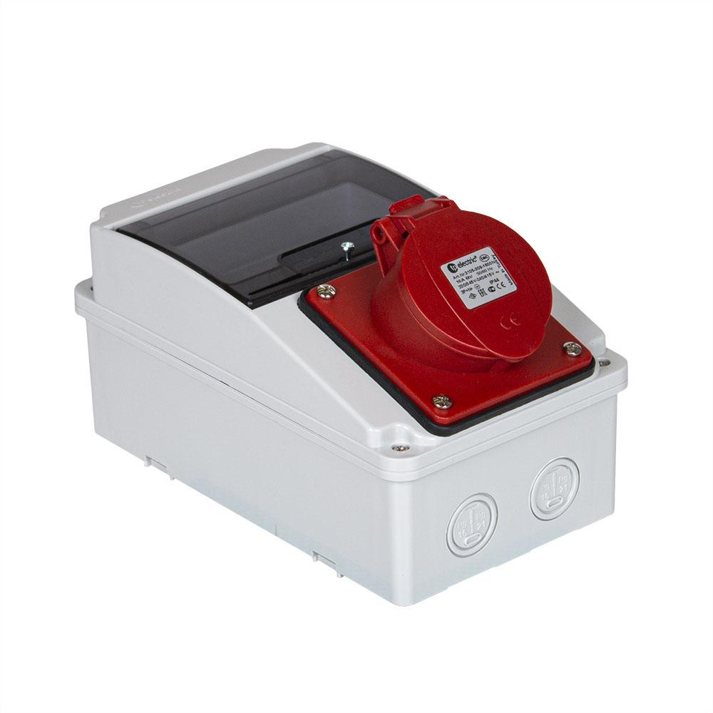 Prise AP avec fenêtre d’observation 5 modules CEE 32A 5P 6h, 3PNE 400V, contacts nickelés Prise AP avec fenêtre d’observation 5 modules CEE 32A 5P 6h, 3PNE 400V, contacts nickelés