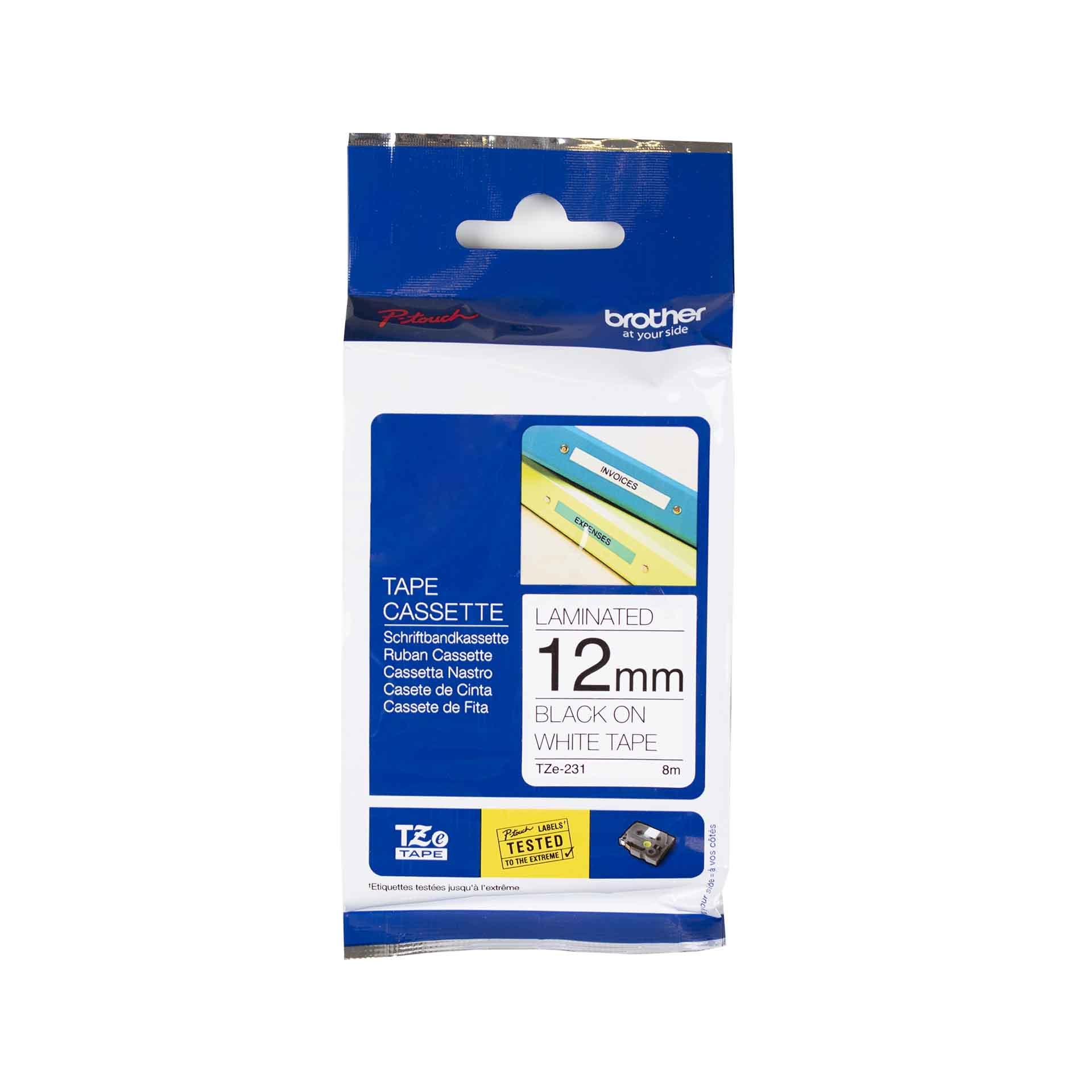 Brother tape cartridge, 12mm x 8m, P-Touch TZE-231, white tape / black lettering