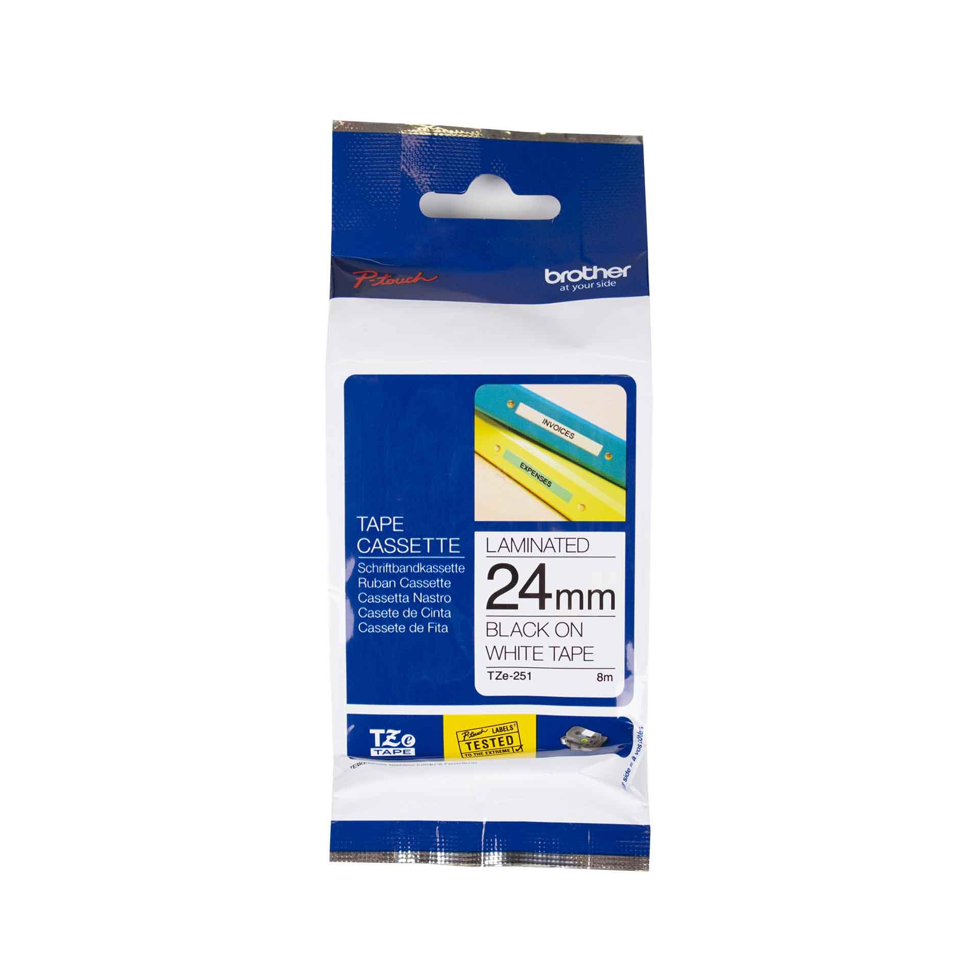 Cassette à ruban pour étiqueteuse Brother, 24mm x 8m, P-Touch TZE-251, blanc / police noir