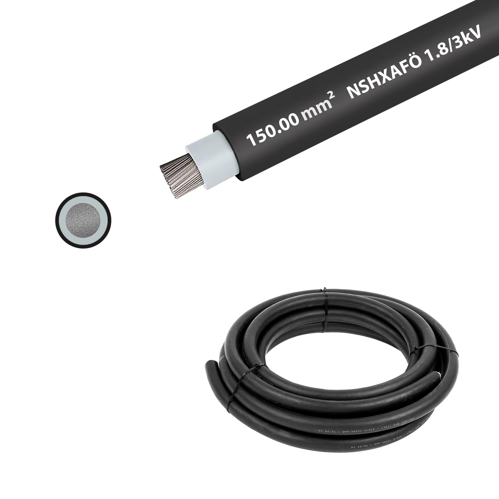 Cavo stagnato a trefoli per alta tensione NSHXAFÖ 1,8/3kV, 120mm2, senza alogeni, nero, anello da 15m Cavo stagnato a trefoli per alta tensione NSHXAFÖ 1,8/3kV, 120mm2, senza alogeni, nero, anello da 15m