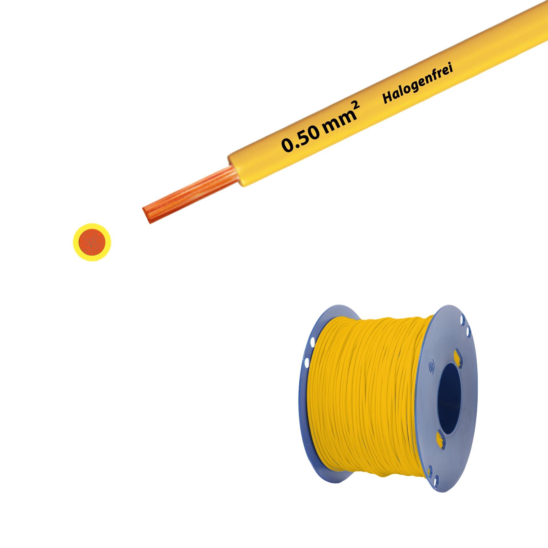 Cavo a trefoli senza alogeni 90° C, 500 V, 0,50 mm2, giallo (RAL 1021), su bobina di plastica Cavo a trefoli senza alogeni 90° C, 500 V, 0,50 mm2, giallo (RAL 1021), su bobina di plastica