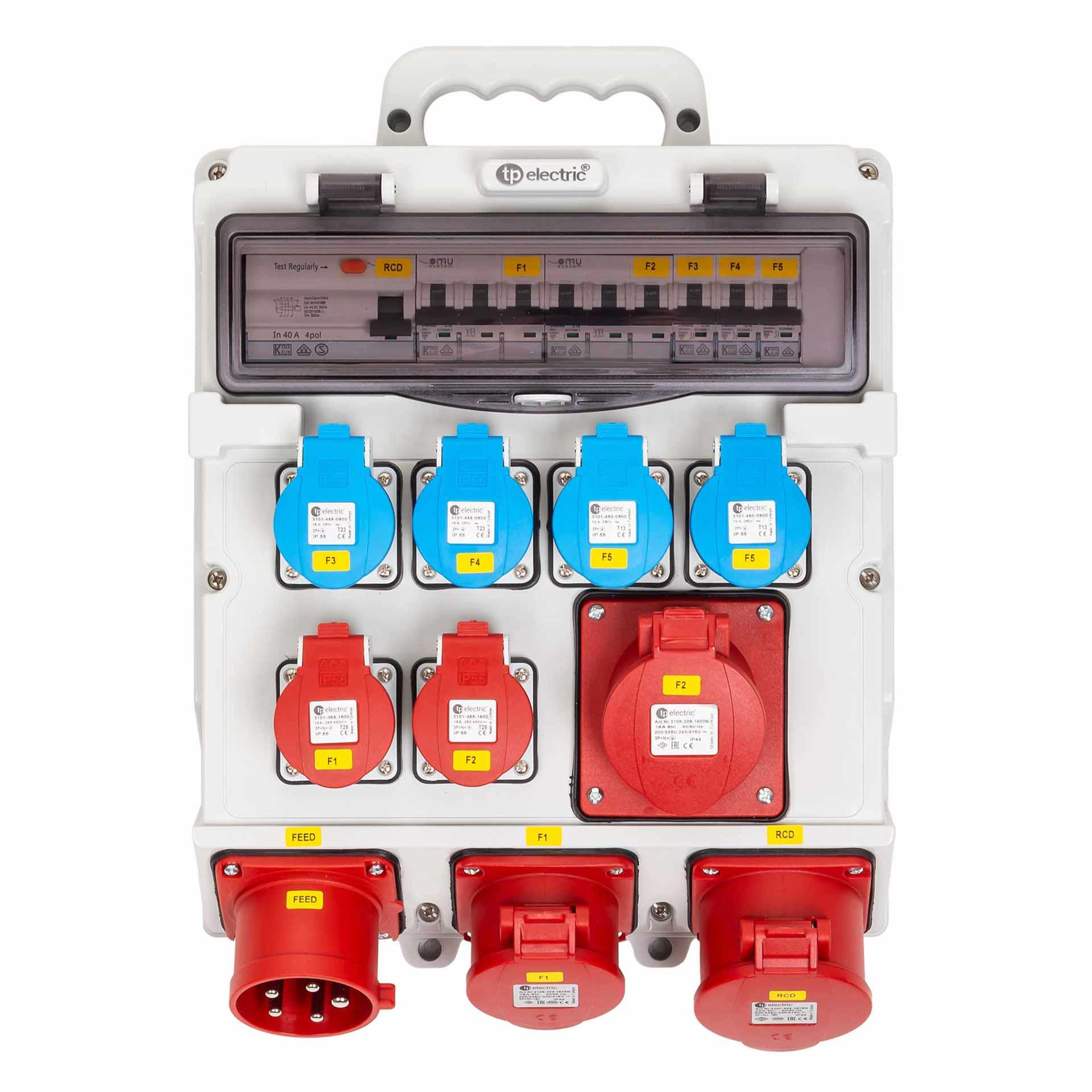 Quadro di distribuzione di energia da cantiere in plastica 32A, tipo 390KS-MH-10, 2xT25, 2xT23, 2xT13, 2xCEE16/5, 1xCEE32/5 Quadro di distribuzione di energia da cantiere in plastica 32A, tipo 390KS-MH-10, 2xT25, 2xT23, 2xT13, 2xCEE16/5, 1xCEE32/5