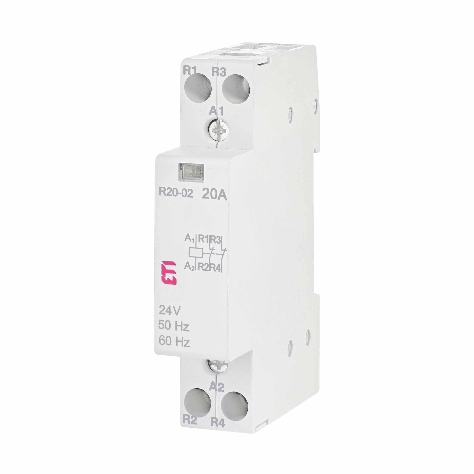 Contattore di installazione a 2 poli, 20A (AC1, 400V), R20-02 24V AC Contattore di installazione a 2 poli, 20A (AC1, 400V), R20-02 24V AC