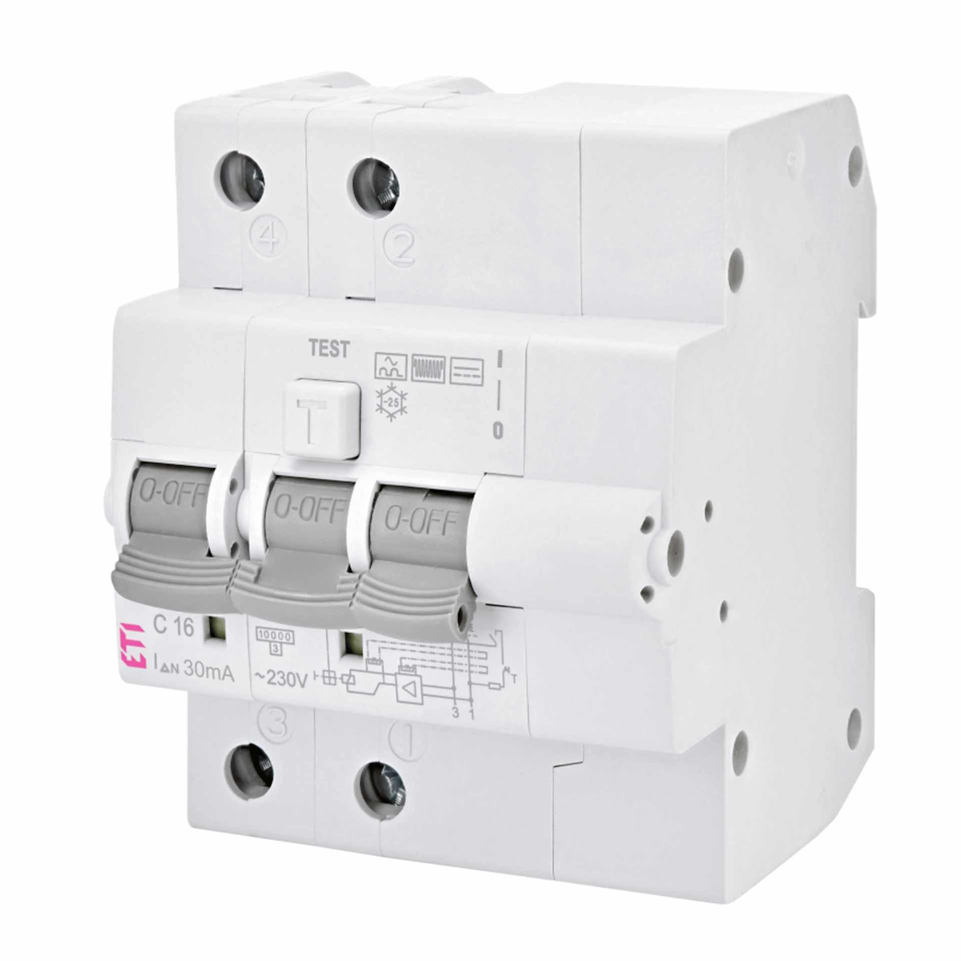 Disjoncteur différentiel (FI-LS),  KZS-4M, type B, 2 pôles, caractéristique C / 16A, 10kA (0.03A)
