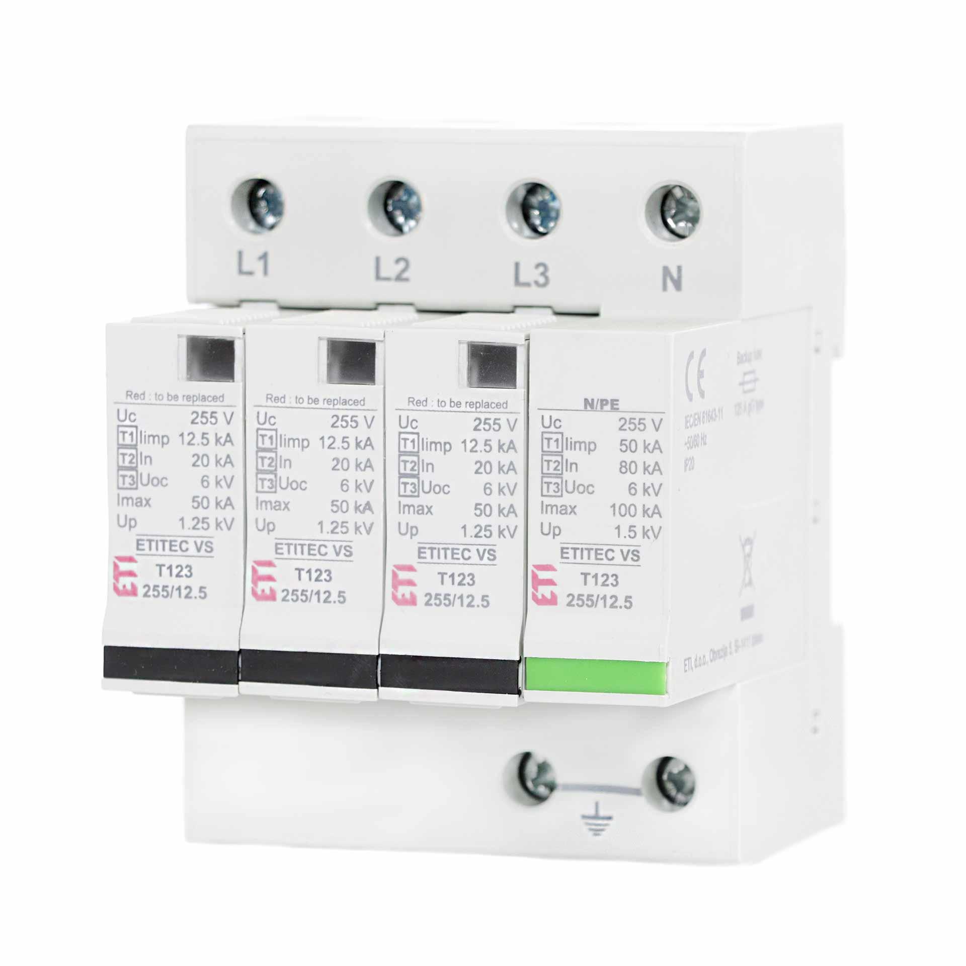 Scaricatore di sovratensione tipo 1+2+3, ETITEC VS T123 255/12,5 3+1 RC senza corrente di dispersione, (TN-S & TT)