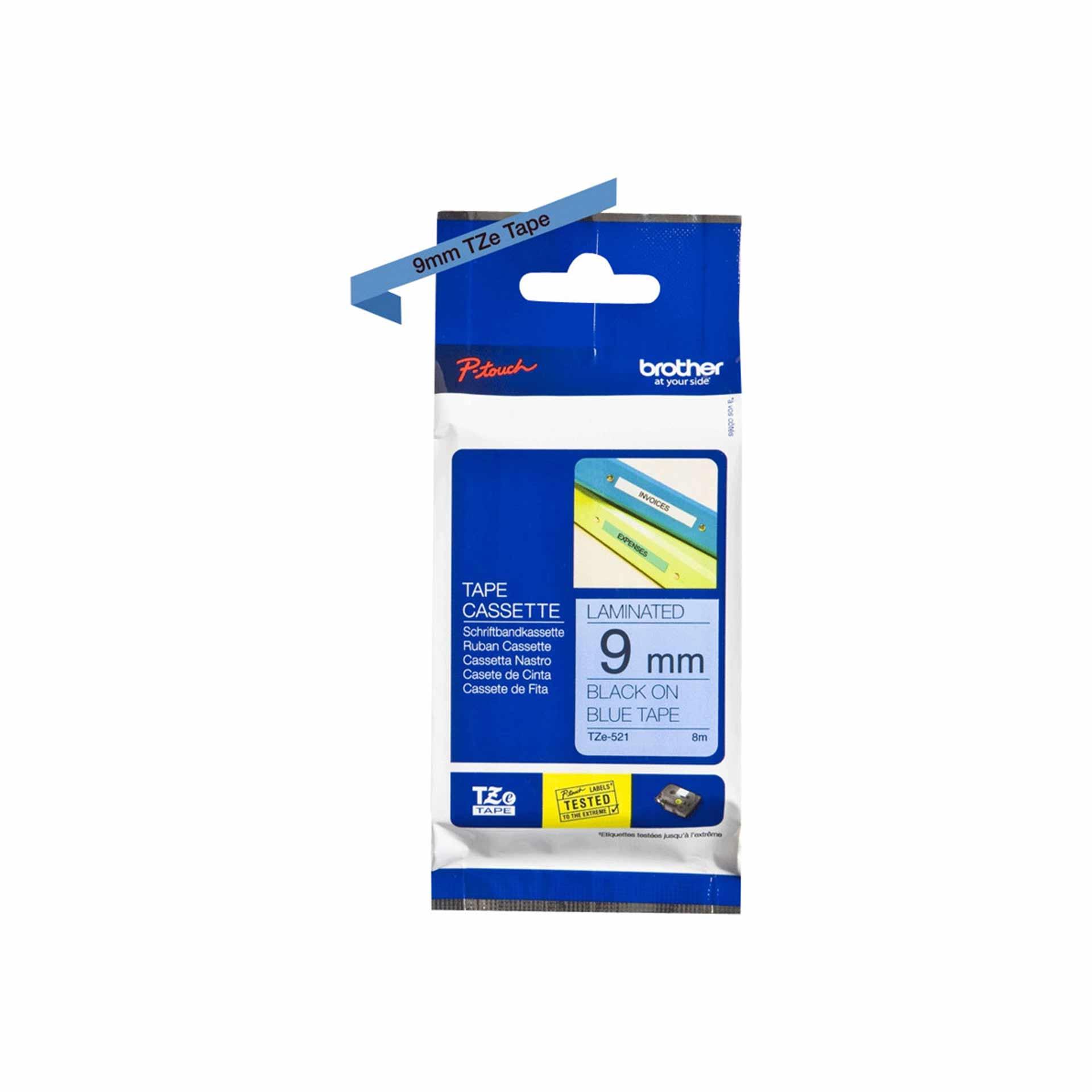 Cassette à ruban pour étiqueteuse Brother, 9mm x 8m, P-Touch TZE-521, Bleu / police noir