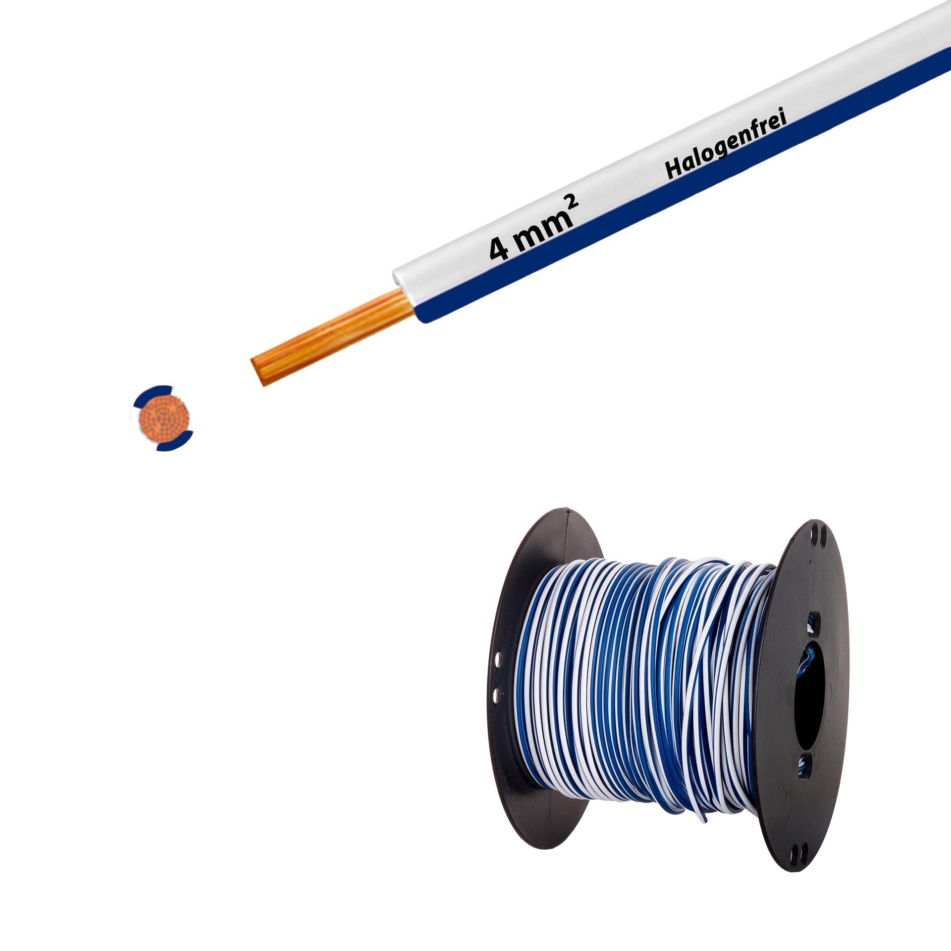 Halogen-free stranded wire 90° C, 750V, 4.00mm2, white-dark blue (RAL 9010/5010), on plastic reel