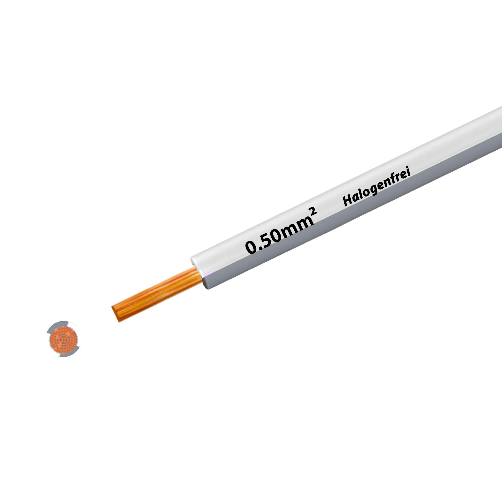 Litze halogenfrei 90° C , 500V, 0.50mm2, weiss-grau (RAL 9010/7001), auf Kunststoffrolle