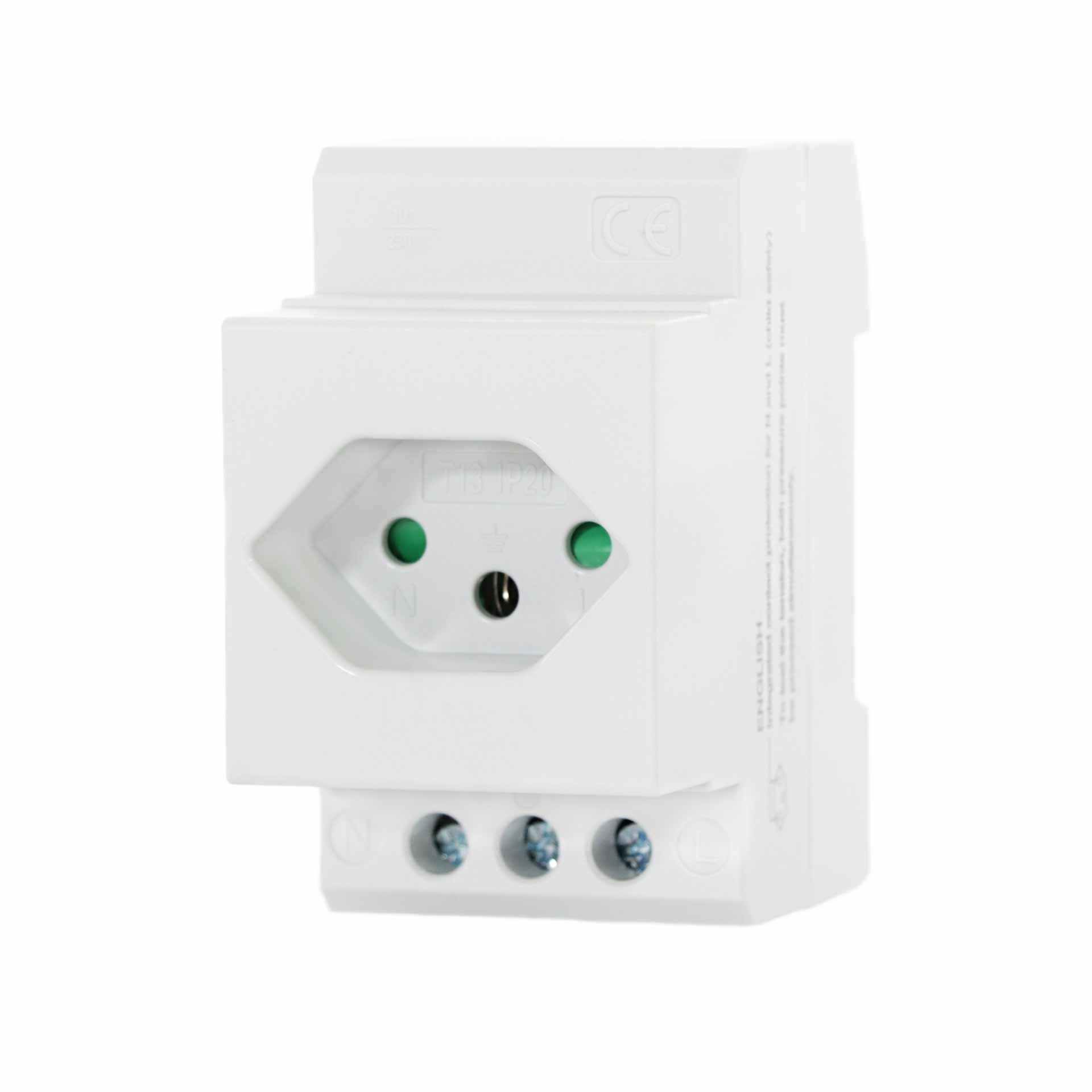 Presa di corrente incorporata T13 10A per guida Din, larghezza solo 2,5 moduli (44 mm), grigio chiaro RAL 7035 Presa di corrente incorporata T13 10A per guida Din, larghezza solo 2,5 moduli (44 mm), grigio chiaro RAL 7035