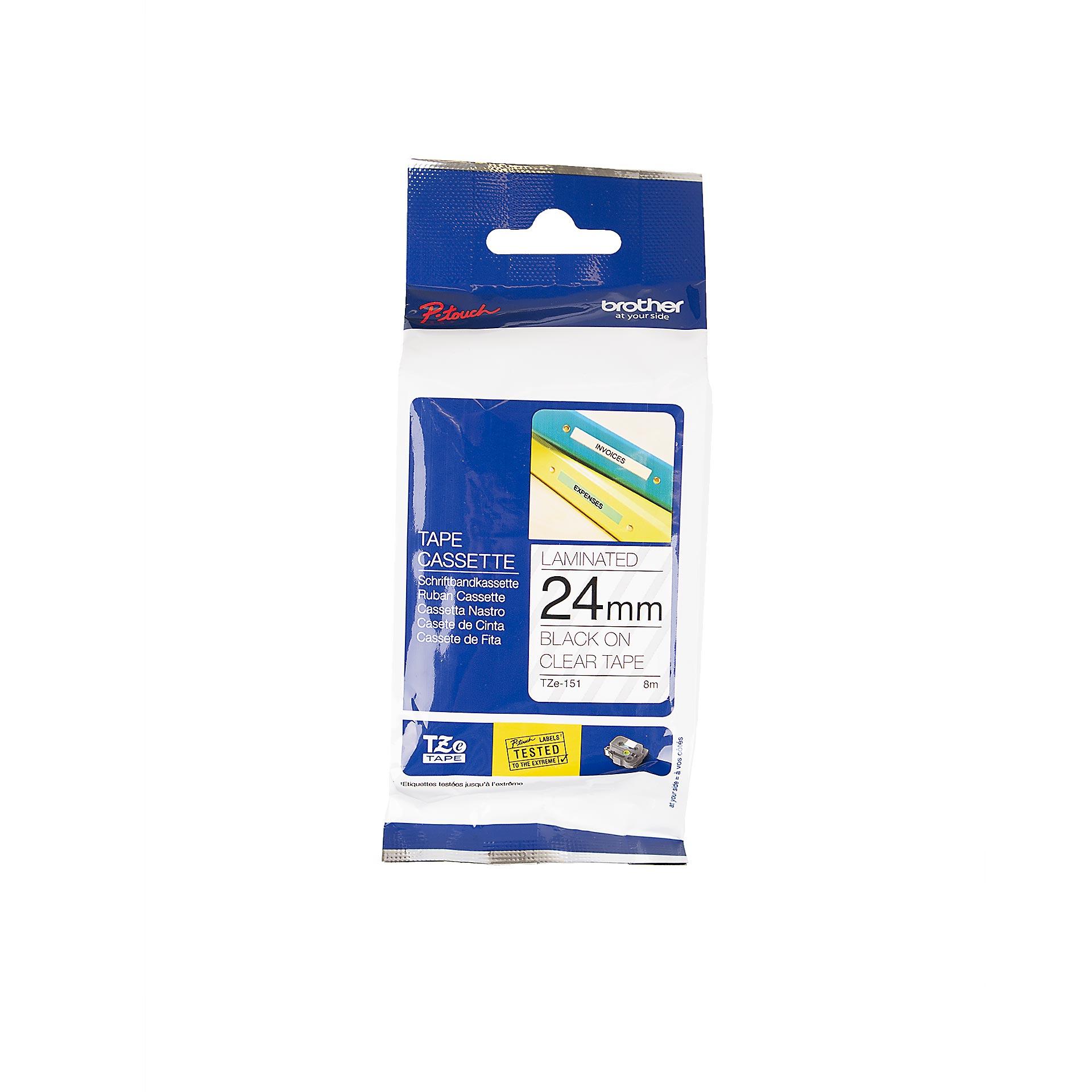 Cassette à ruban pour étiqueteuse Brother, 24mm x 8m, P-Touch TZE-151, transparent / police noir