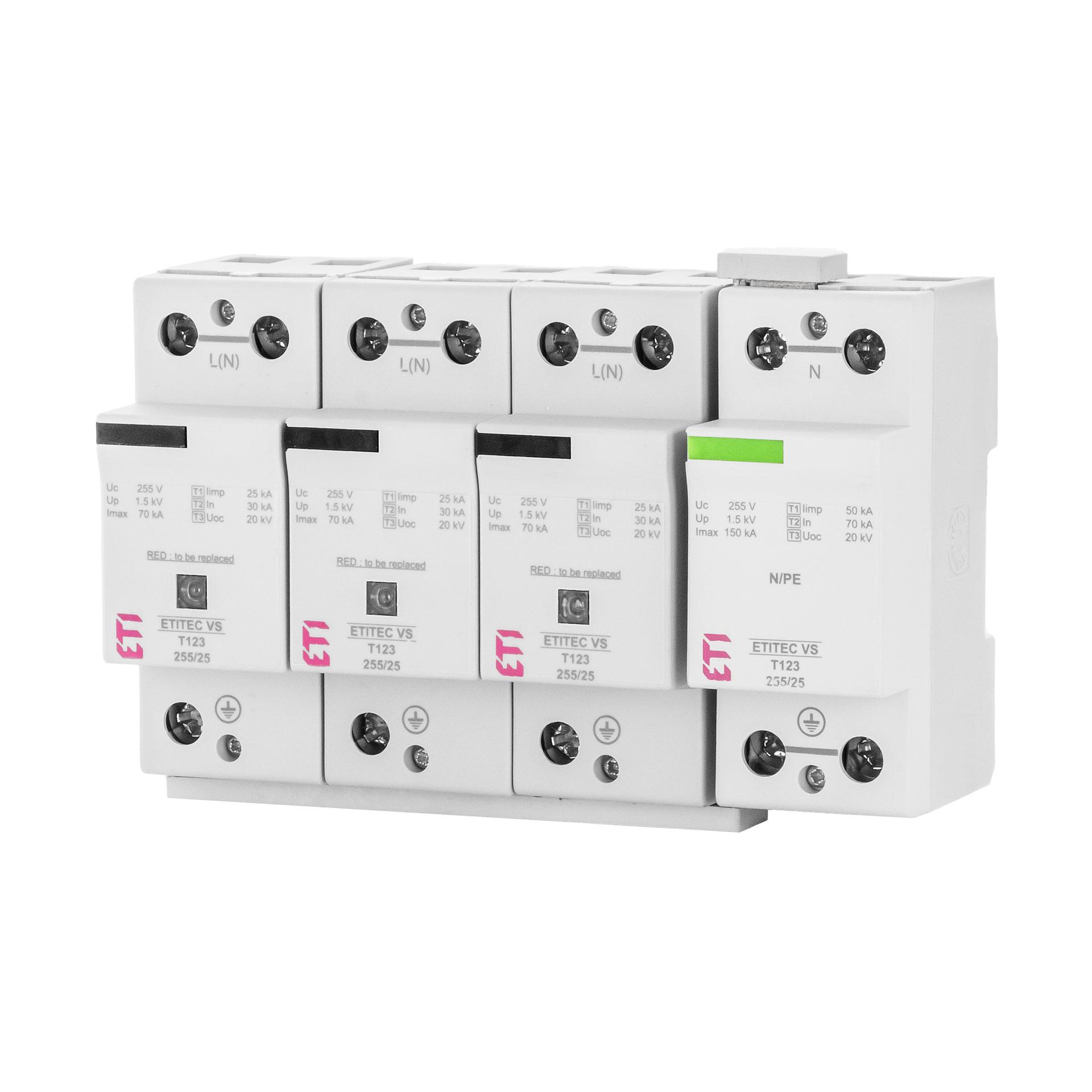 Parafoudre type 1+2+3, ETITEC VS T123 255/25 3+1 RC sans courant de fuite (TN-S & TT) Parafoudre type 1+2+3, ETITEC VS T123 255/25 3+1 RC sans courant de fuite (TN-S & TT)