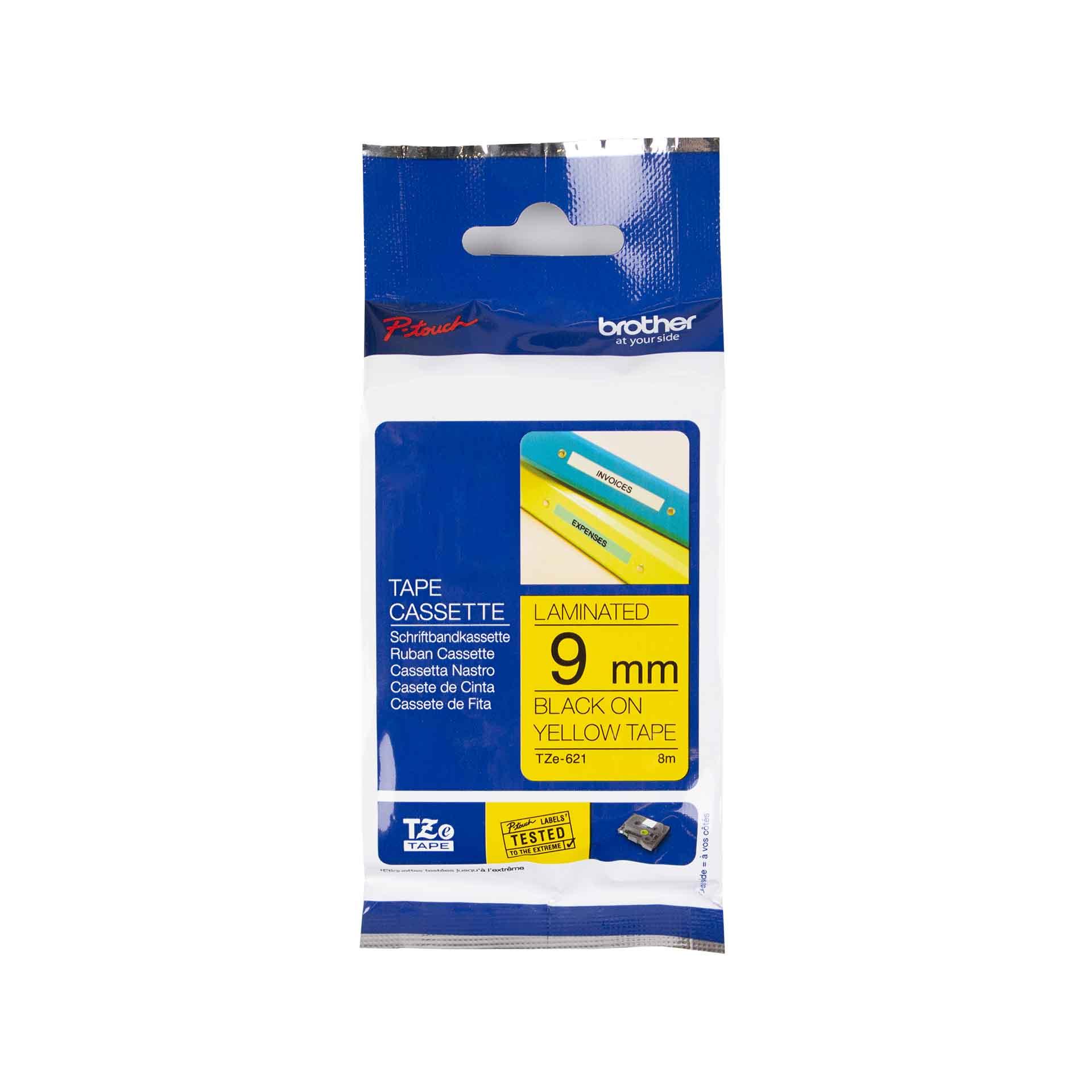 Cassette à ruban pour étiqueteuse Brother, 9mm x 8m, P-Touch TZE-621, jaune / police noir