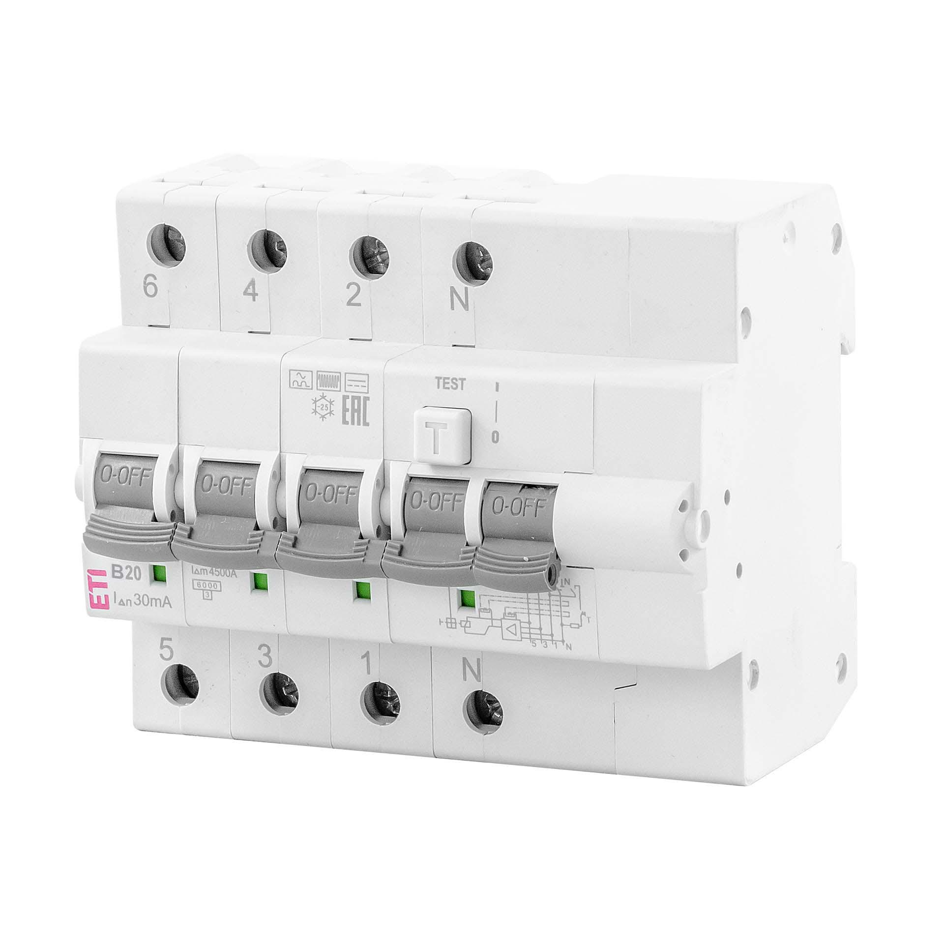 FI/LS, KZS-6M, type-B, 3-pole+N, characteristic B / 20A, 6kA (0.03A)