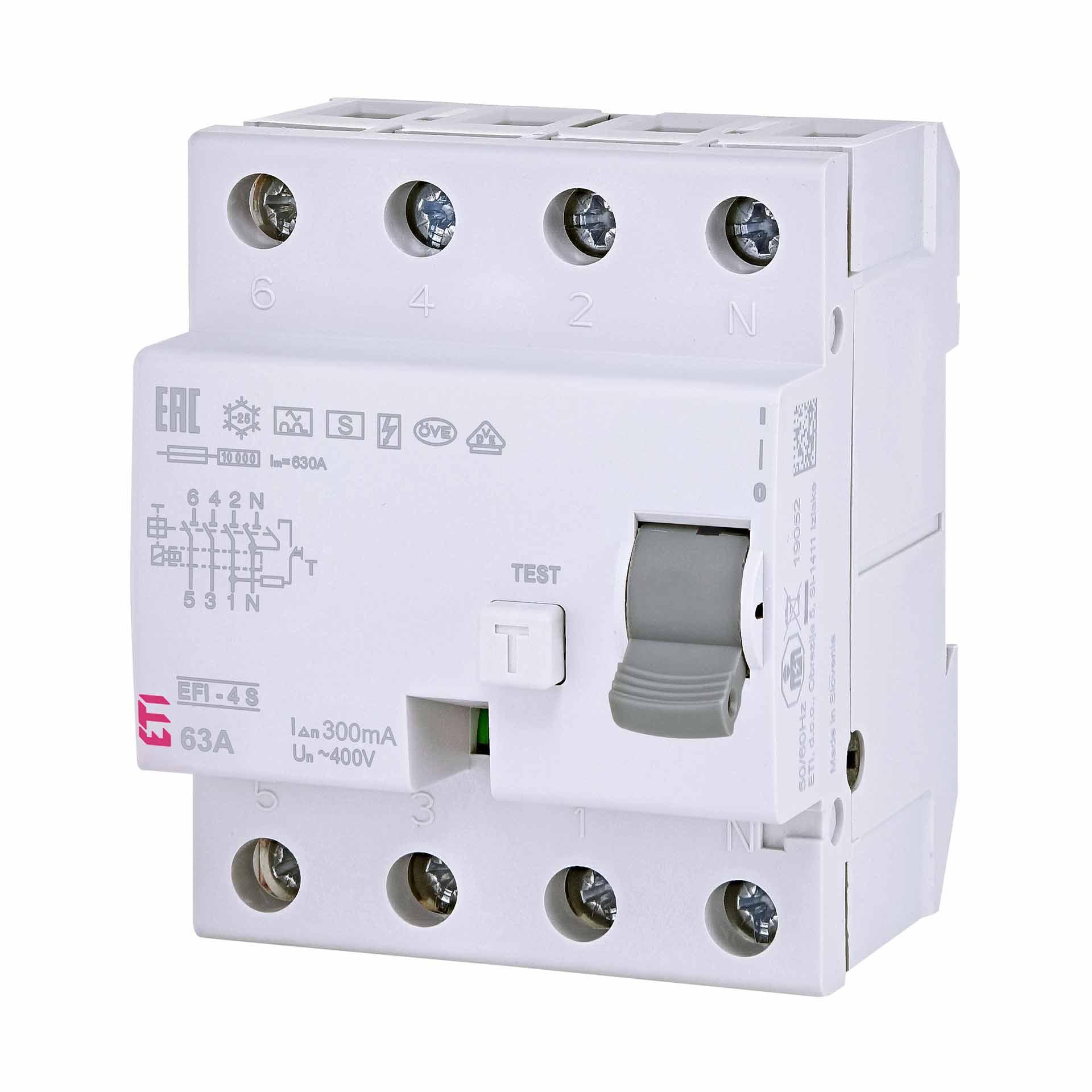 Interruttore differenziale selettivo, EFI-4, tipo A, selettivo S, a 4 poli, 63A, 10kA (0,3A)