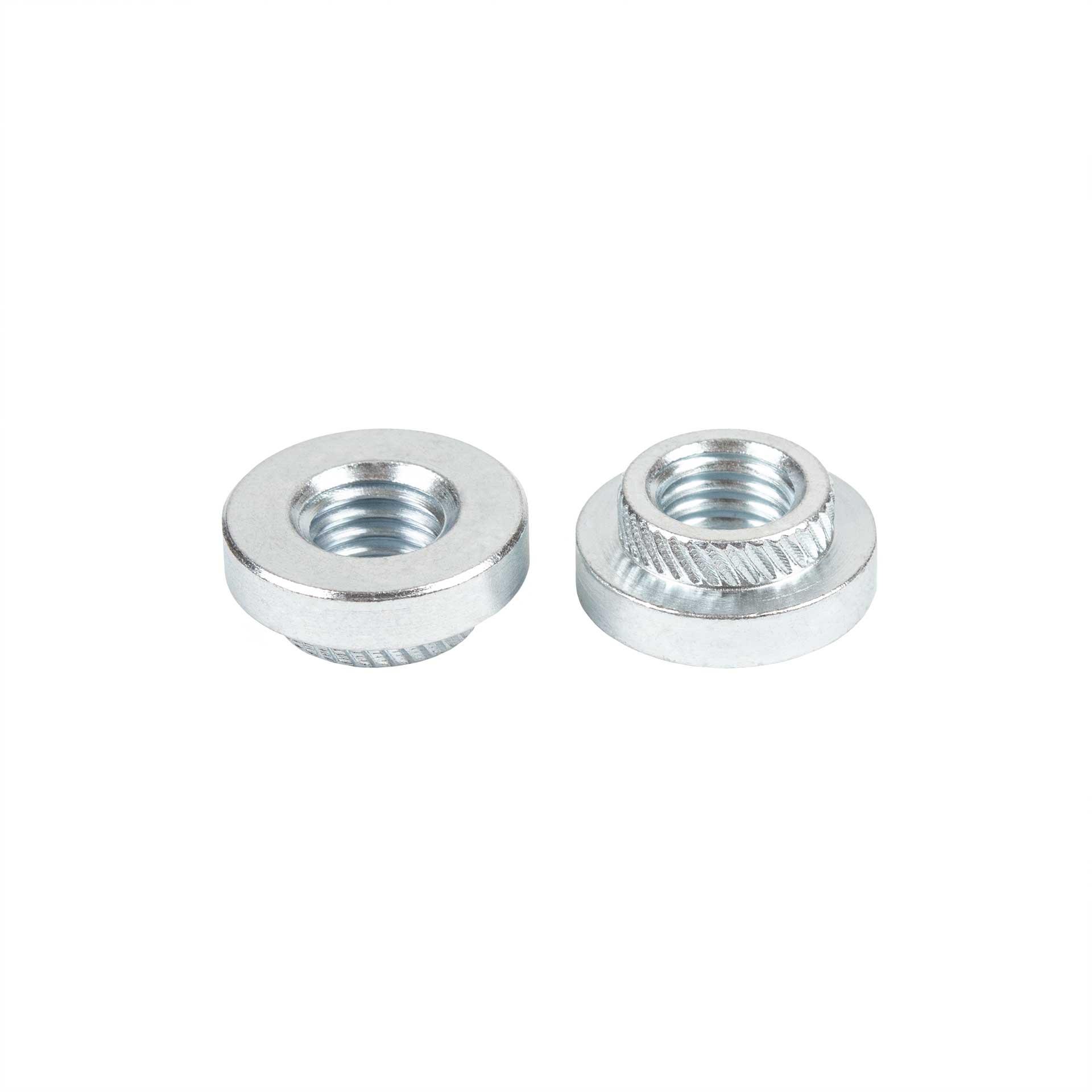 Écrous ronds à sertir M10, alésage Ø 14mm, acier cémenté trempé, zingué-bleu Écrous ronds à sertir M10, alésage Ø 14mm, acier cémenté trempé, zingué-bleu