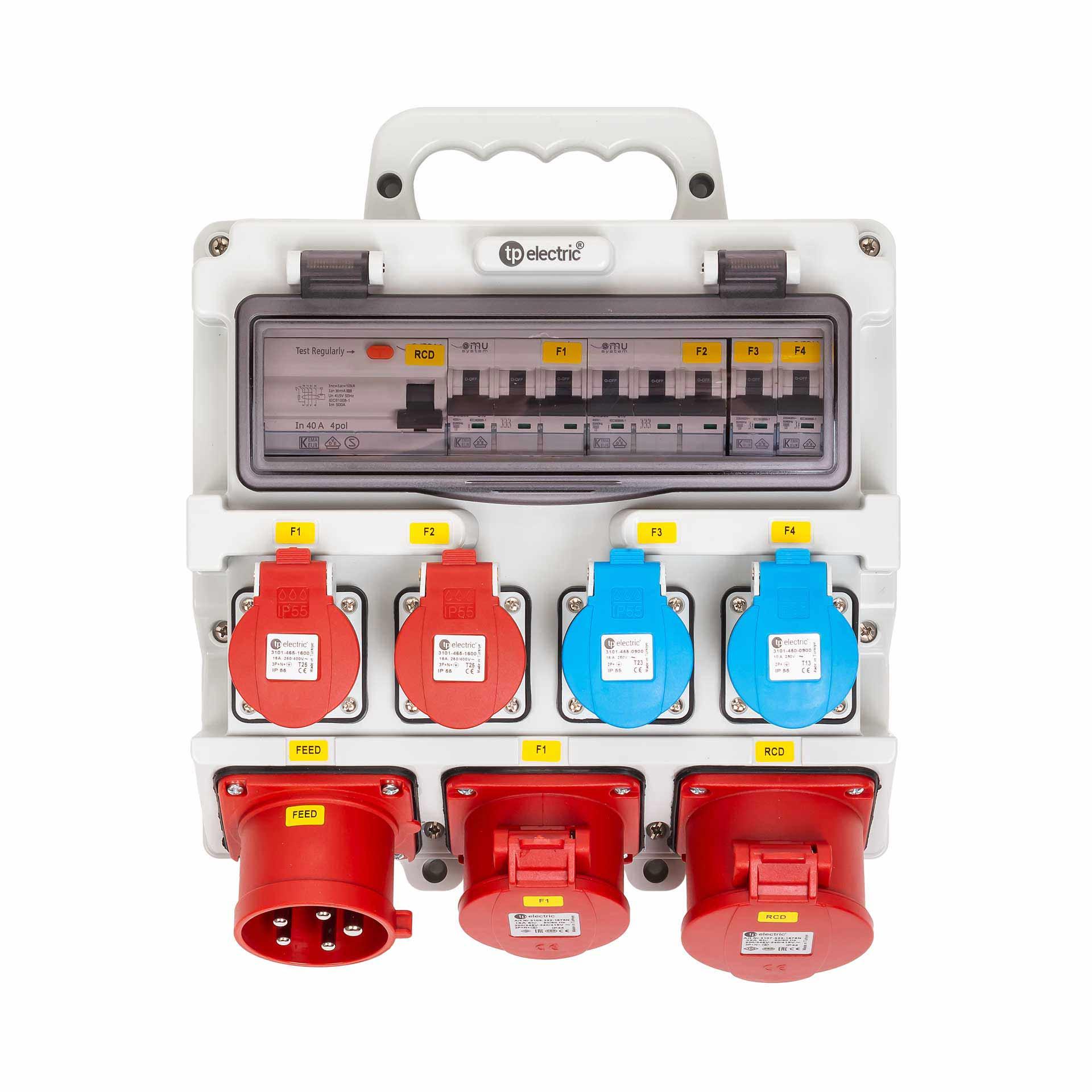 Quadro di distribuzione di energia da cantiere in plastica 32A, tipo 300KS-MH-07, 2xT25, 1xT23, 1xT13, 1xCEE16/5, 1xCEE32/5