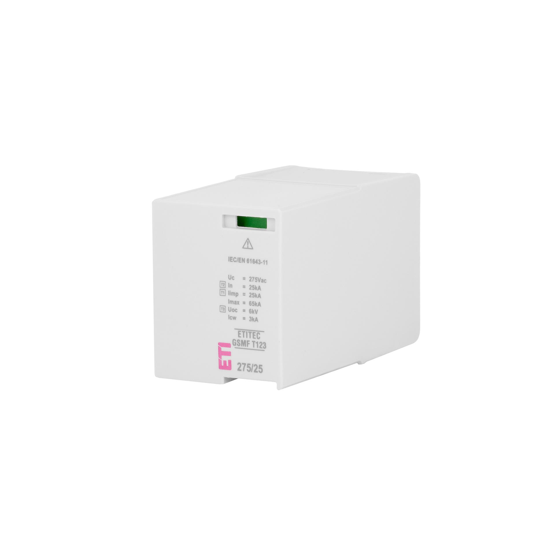 Replacement module for surge arrester ETITEC GSMF type 1+2+3 (pole conductor), 25kA (64357 & 64358) Replacement module for surge arrester ETITEC GSMF type 1+2+3 (pole conductor), 25kA (64357 & 64358)
