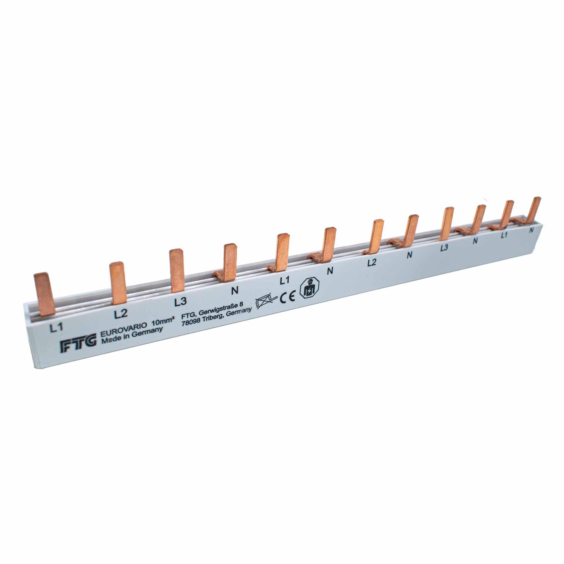 Sbarra di fase a pin isolati 10 mm², 63A, (1 x 3PN - 4 MOD, 4 x 1PN - 2 MOD) P-P= 17,8 mm