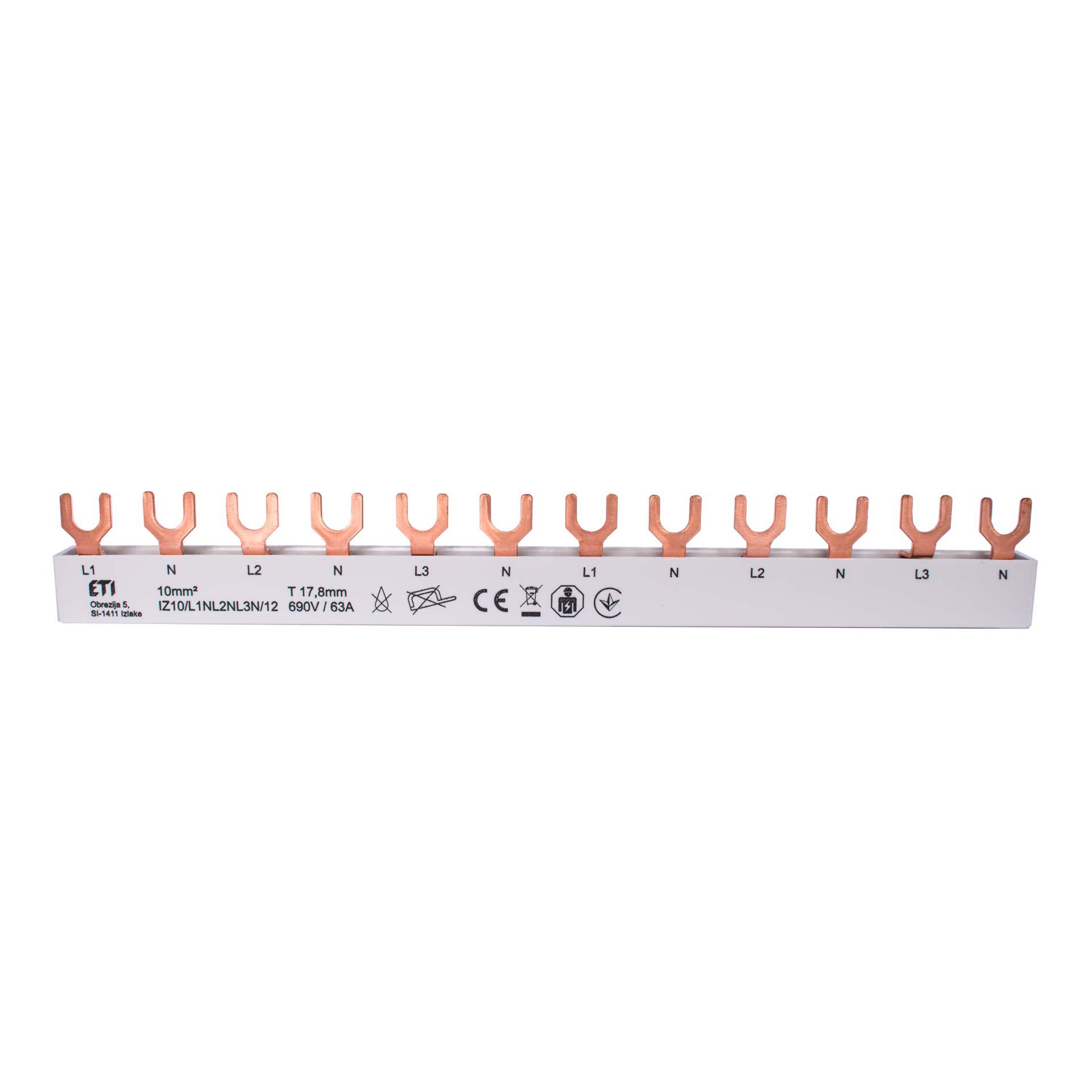 Sbarra di fase a forcella isolata 10mm2, 63A (6x1PN-2MOD) Sbarra di fase a forcella isolata 10mm2, 63A (6x1PN-2MOD)